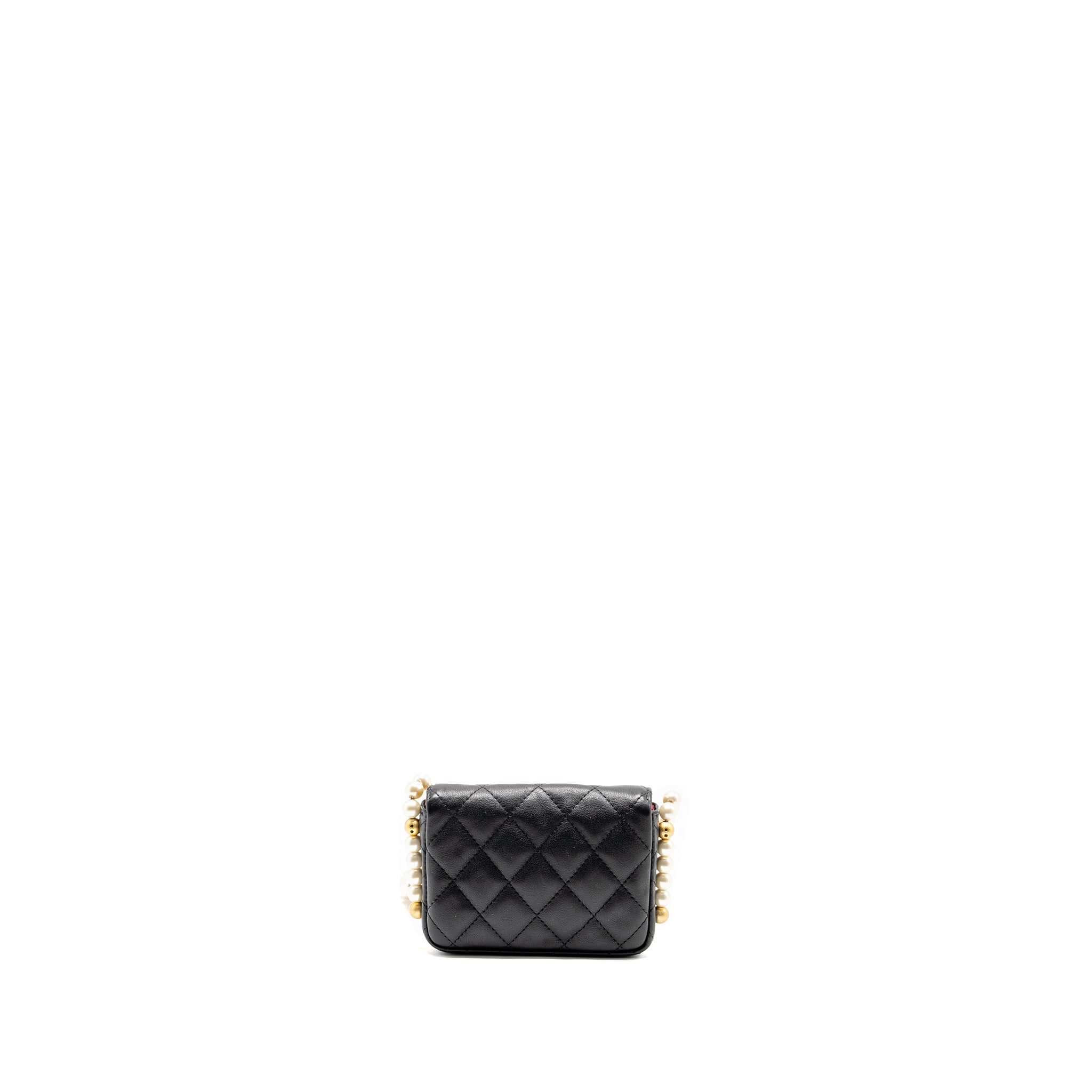 CHANEL MINI FLAP PURSE WITH PEARL CHAIN CALFSKIN GHW