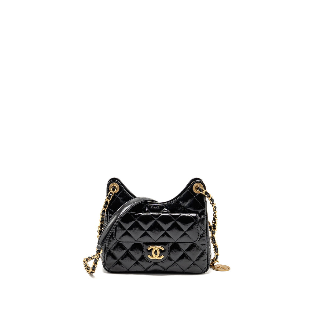 CHANEL 23C SMALL HOBO BAG SHINY CALFSKIN BLACK BRUSHED GHW (MICROCHIP)