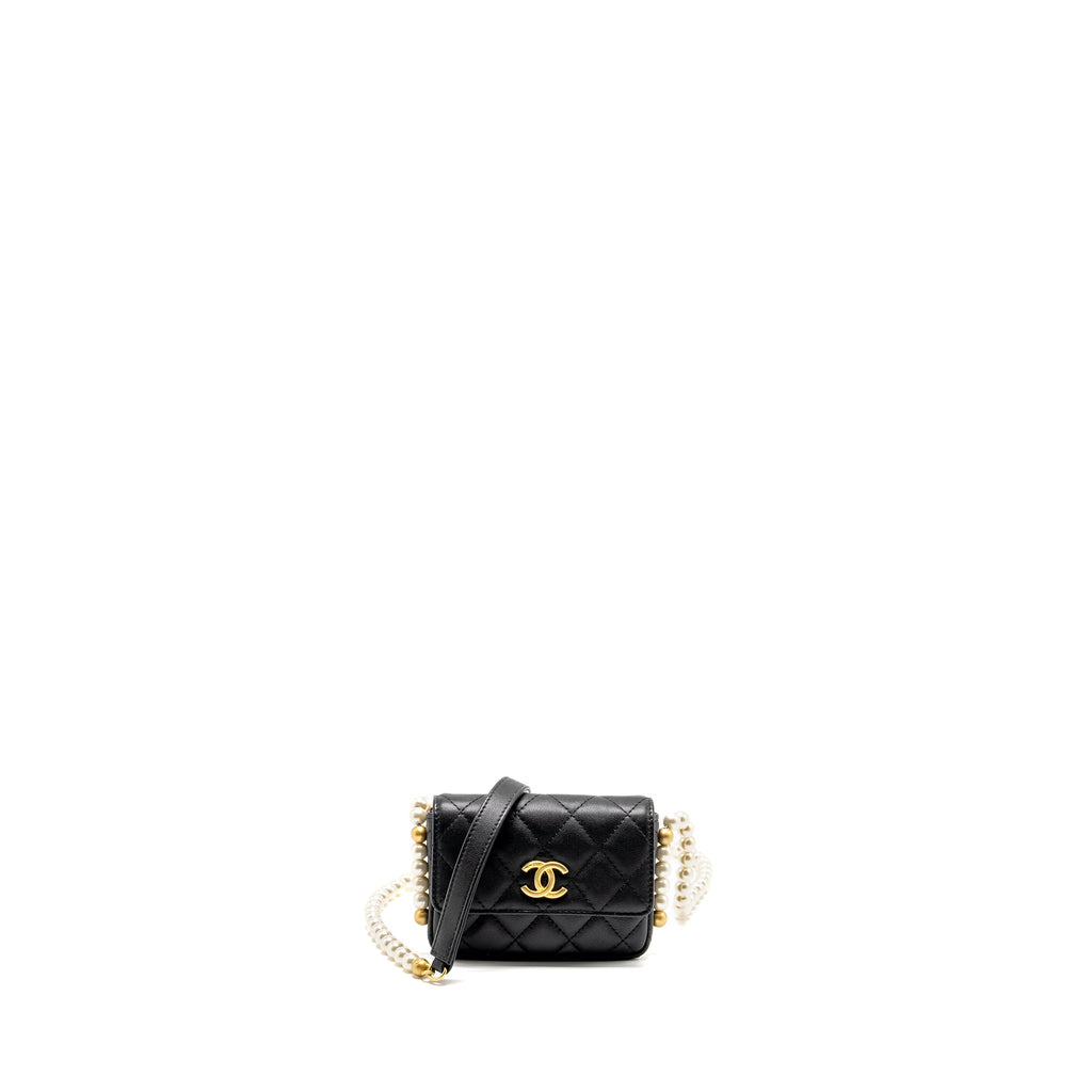 CHANEL MINI FLAP PURSE WITH PEARL CHAIN CALFSKIN GHW