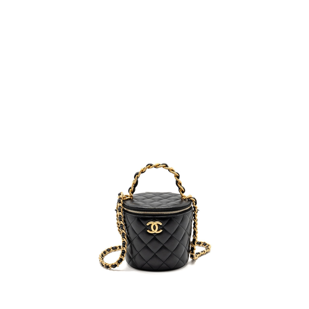 CHANEL AFTERNOON TEA TOP HANDLE VANITY CASE WITH CHAIN LAMBSKIN BLACK GHW (MICROCHIP)