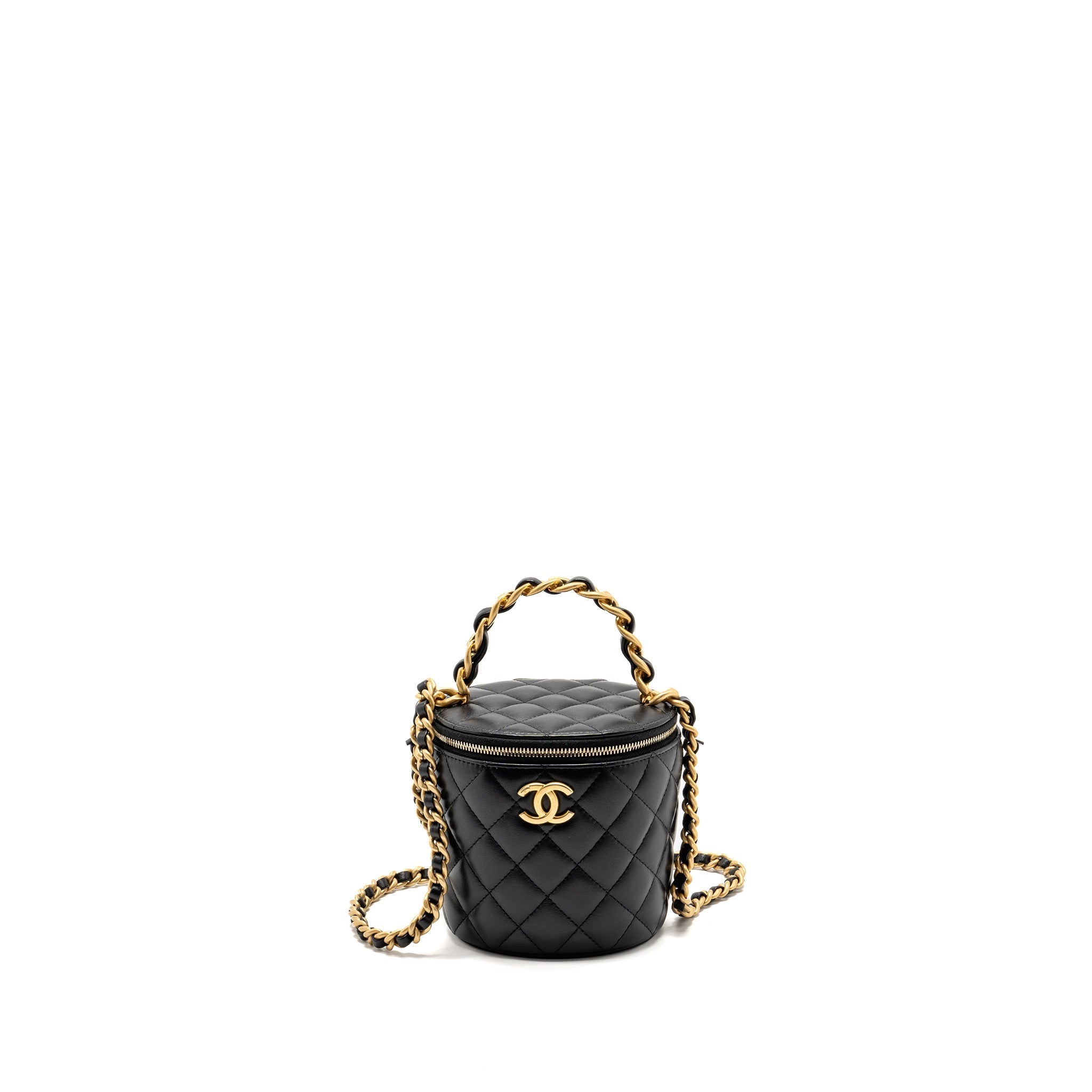 CHANEL AFTERNOON TEA TOP HANDLE VANITY CASE WITH CHAIN LAMBSKIN BLACK GHW (MICROCHIP)
