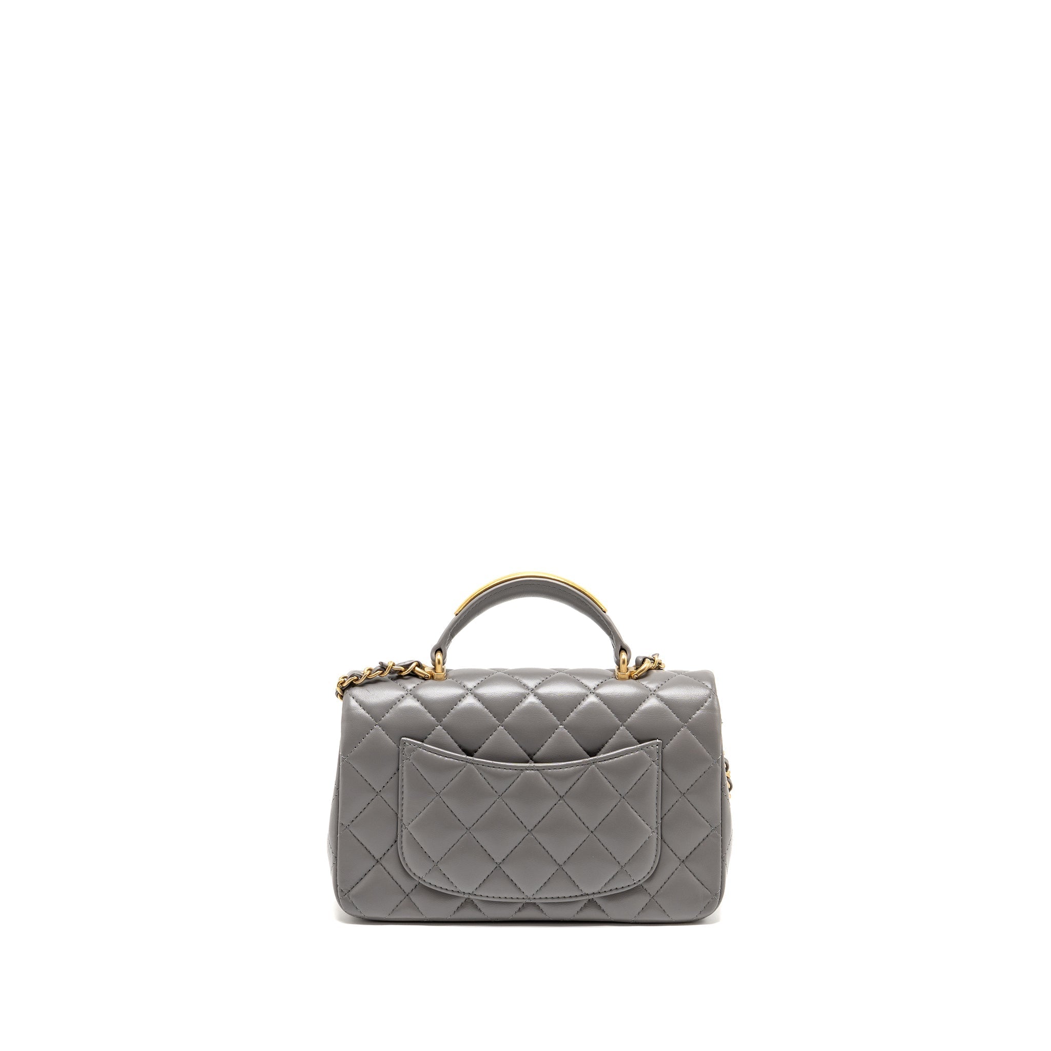CHANEL 22K METAL TOP HANDLE MINI RECTANGULAR FLAP BAG LAMBSKIN GREY GHW (MICROCHIP)