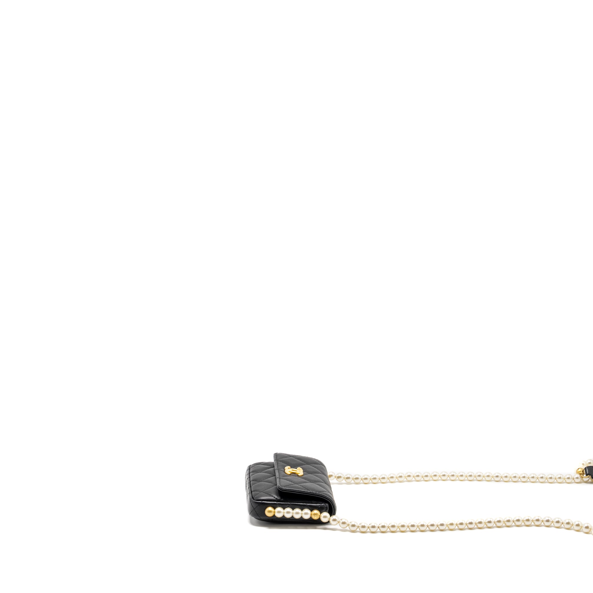 CHANEL MINI FLAP PURSE WITH PEARL CHAIN CALFSKIN GHW
