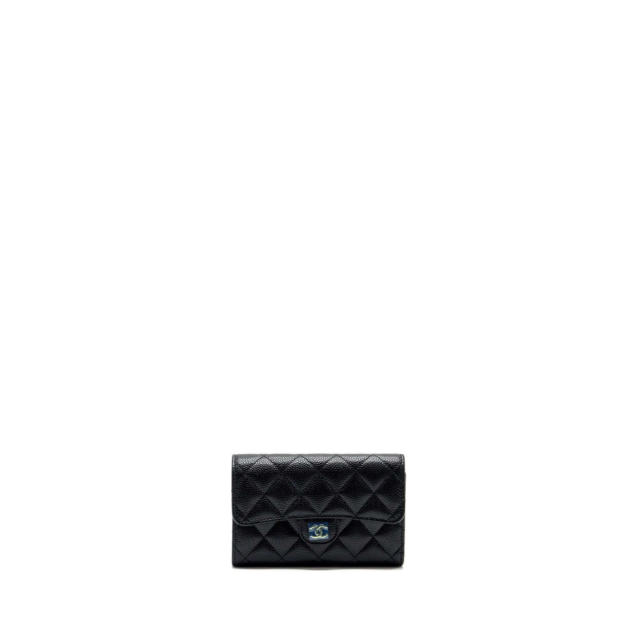 CHANEL QUILTED MEDIUM FLAP COMPACT WALLET CAVIAR BLACK GHW (MICROCHIP)