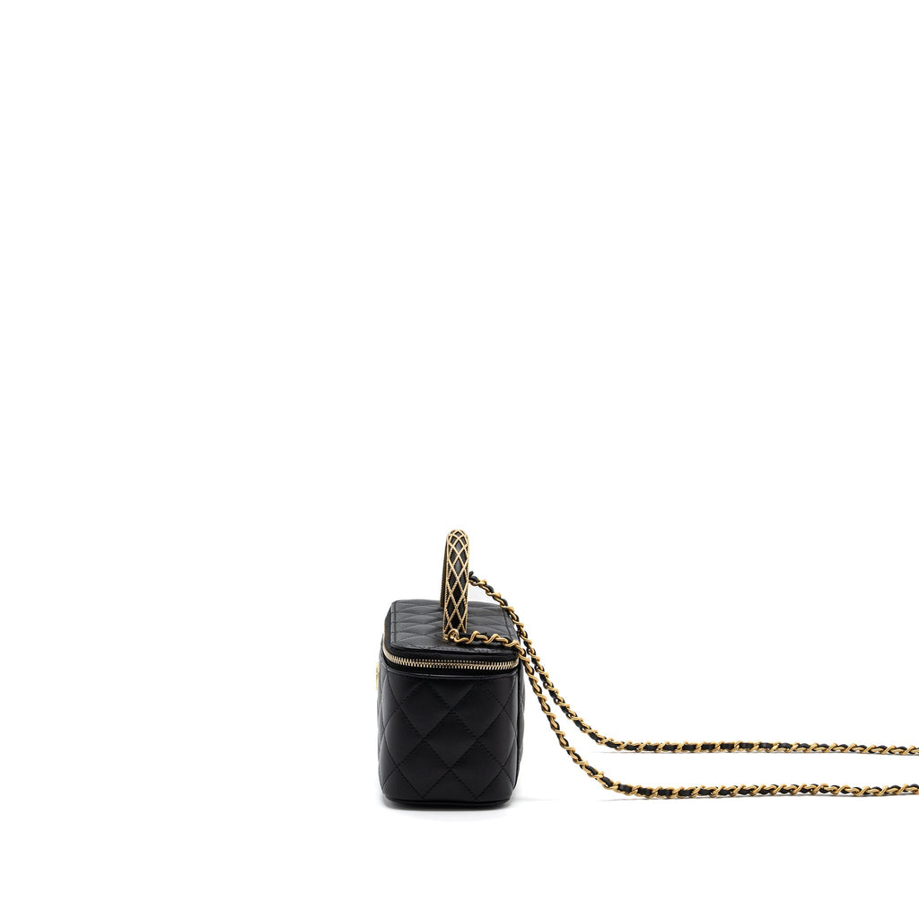 CHANEL DETAIL TOP HANDLE LONG VANITY WITH CHAINS LAMBSKIN BLACK GHW(MICROCHIP)