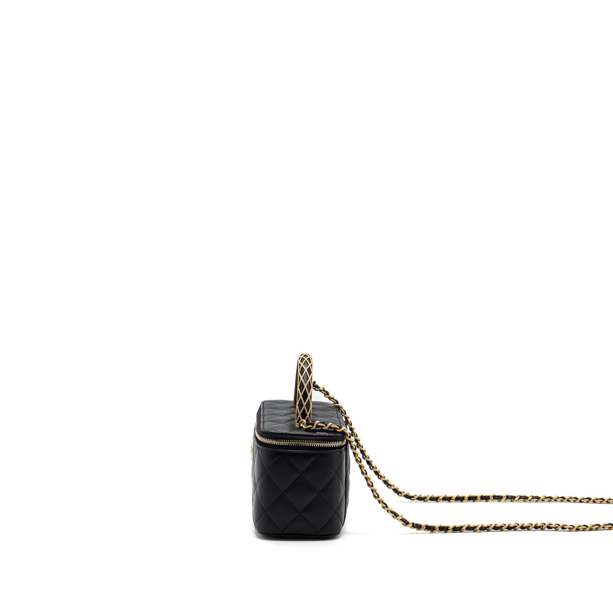 CHANEL DETAIL TOP HANDLE LONG VANITY WITH CHAINS LAMBSKIN BLACK GHW(MICROCHIP)