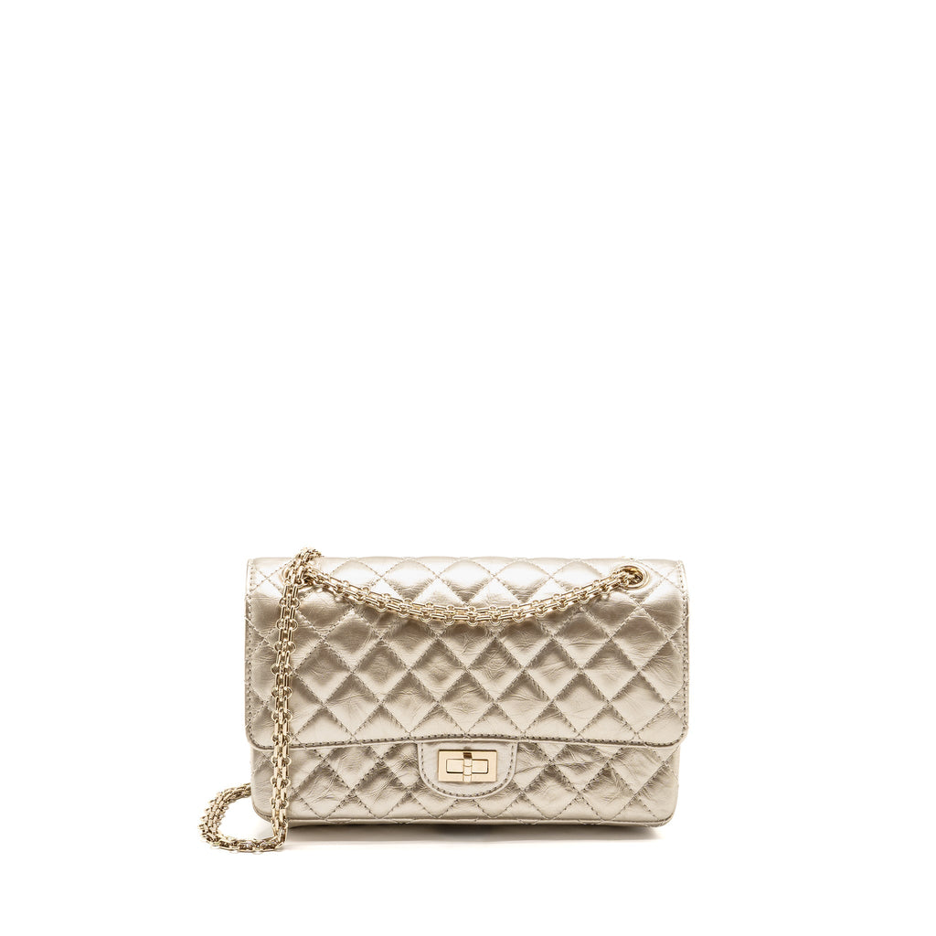 CHANEL SMALL 2.55 REISSUE DOUBLE FLAP BAG AGED CALFSKIN METALLIC LIGHT GOLD WITH LGHW