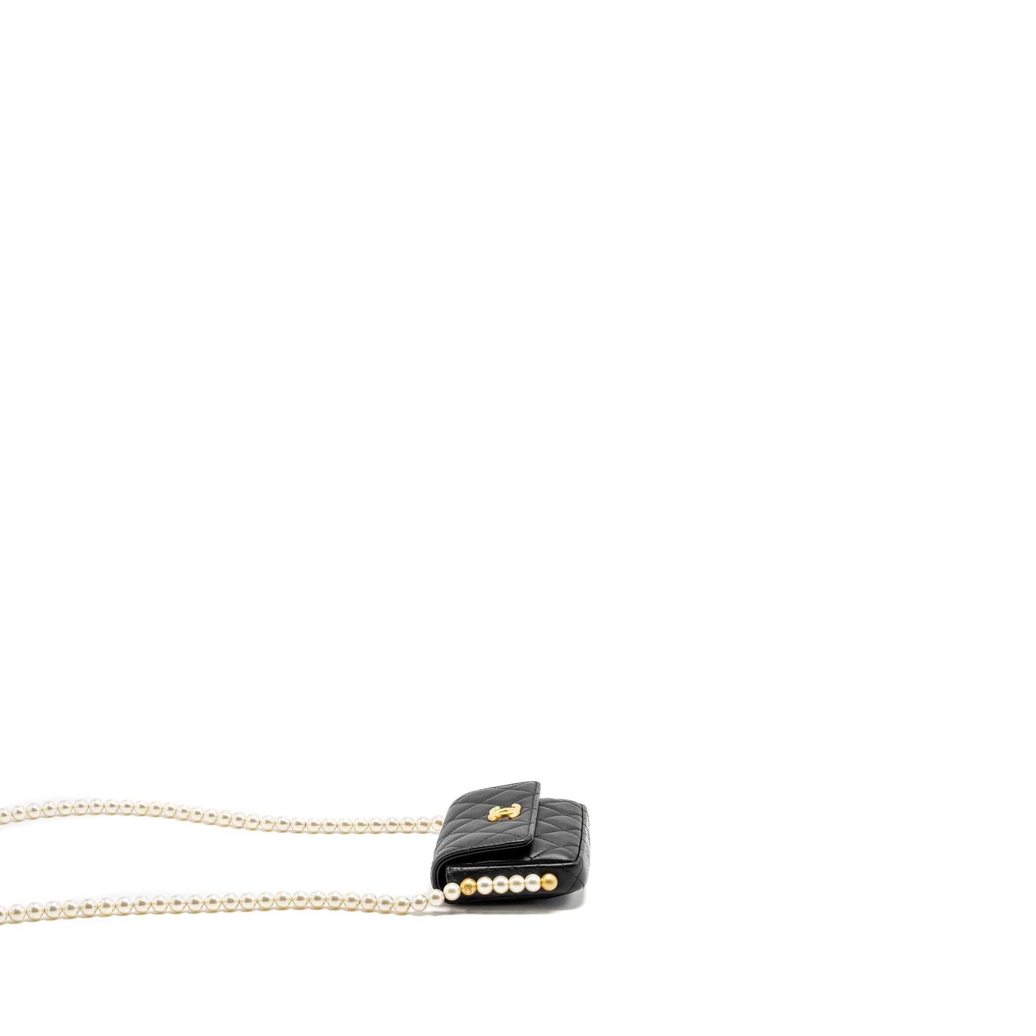 CHANEL MINI FLAP PURSE WITH PEARL CHAIN CALFSKIN GHW
