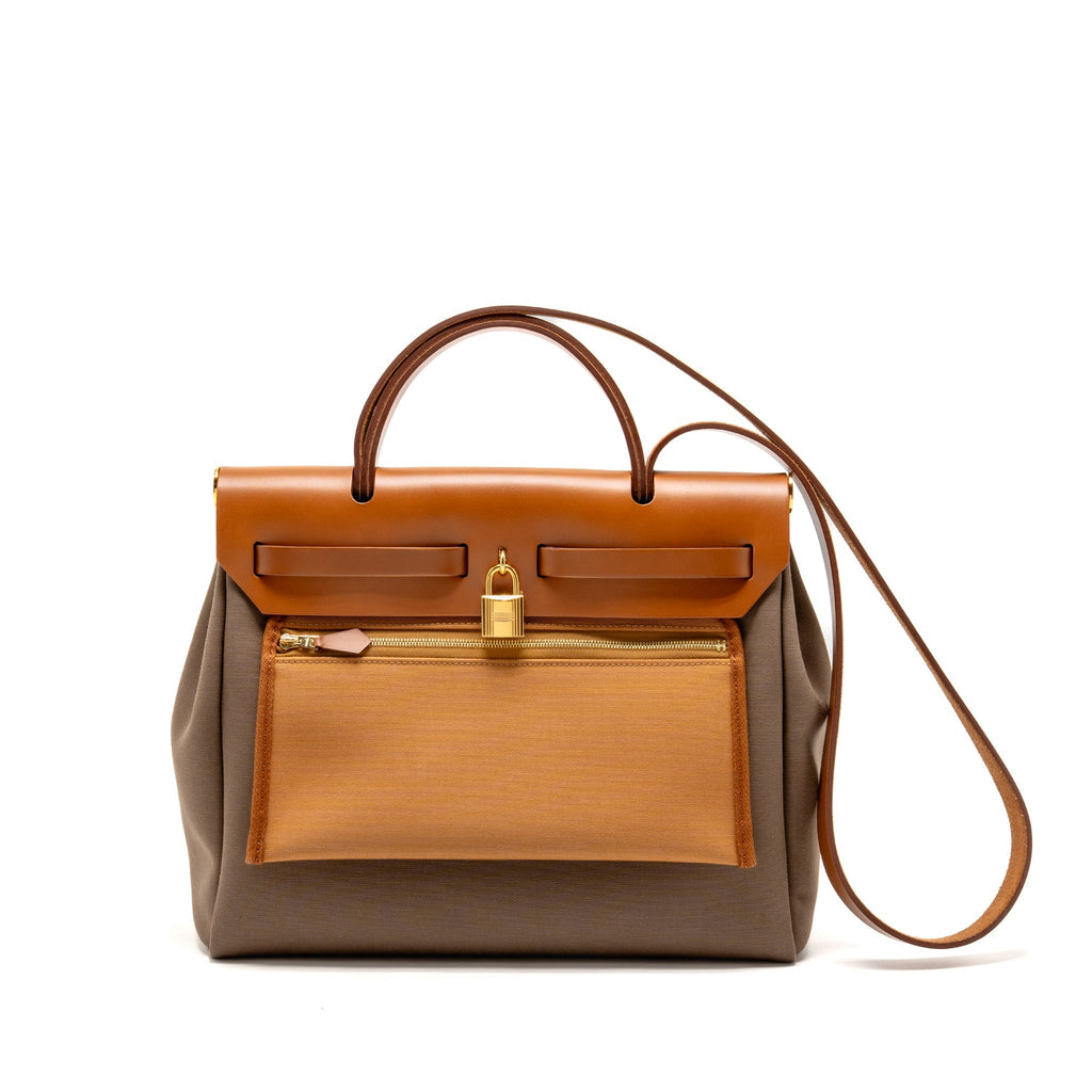 HERMES HERBAG 31 ZIP BAG CANVAS / HUNTER LEATHER ETOUPE / DUNE / FAUVE GHW