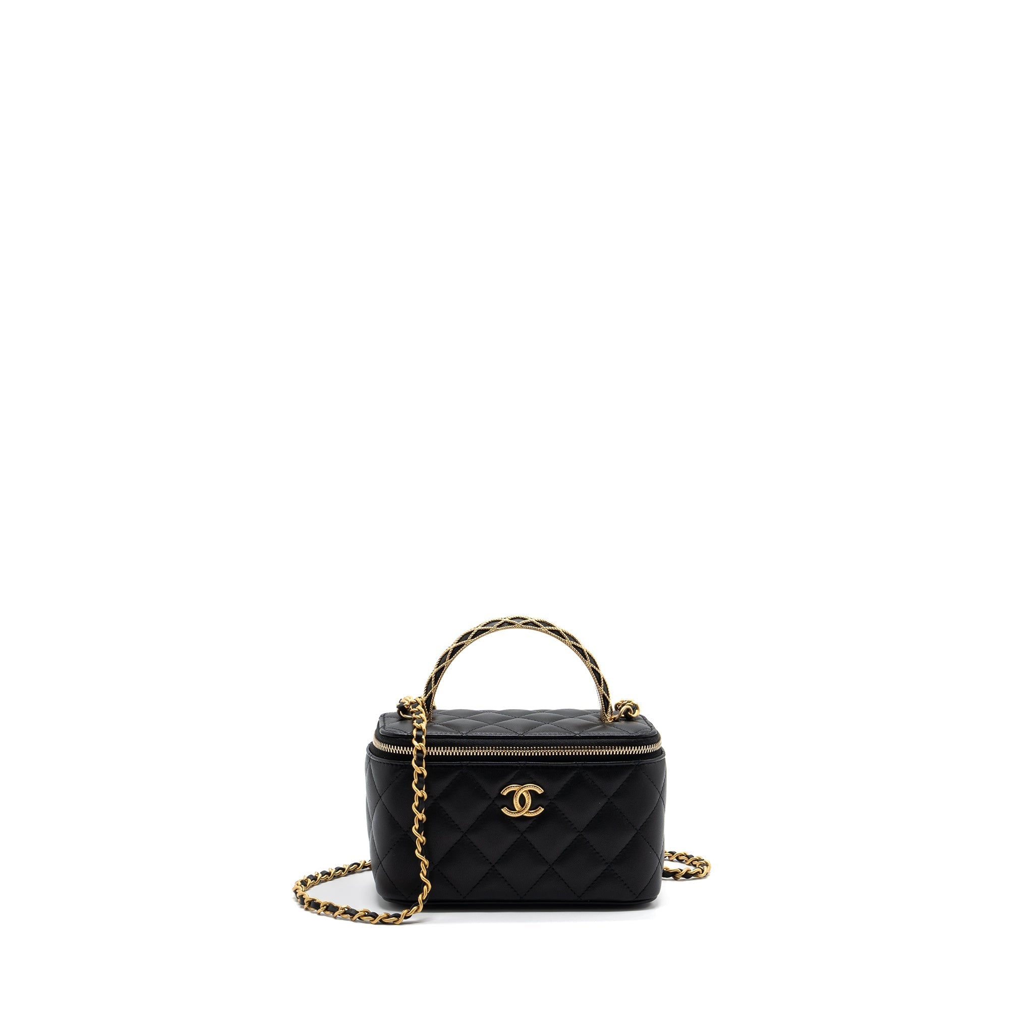 CHANEL DETAIL TOP HANDLE LONG VANITY WITH CHAINS LAMBSKIN BLACK GHW(MICROCHIP)