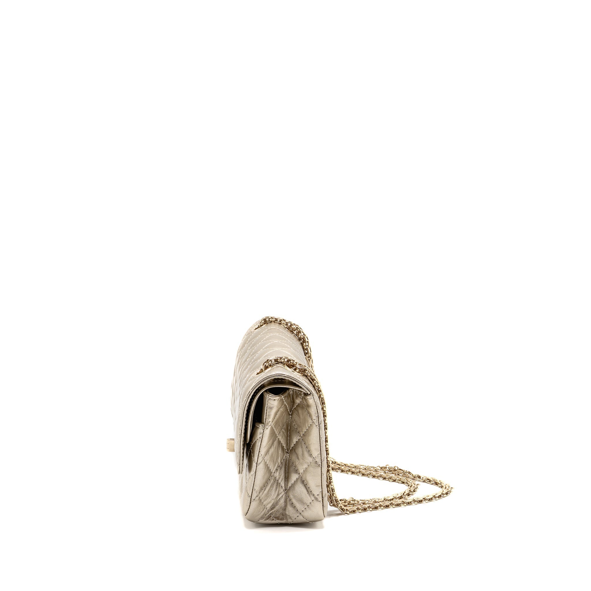 CHANEL SMALL 2.55 REISSUE DOUBLE FLAP BAG AGED CALFSKIN METALLIC LIGHT GOLD WITH LGHW