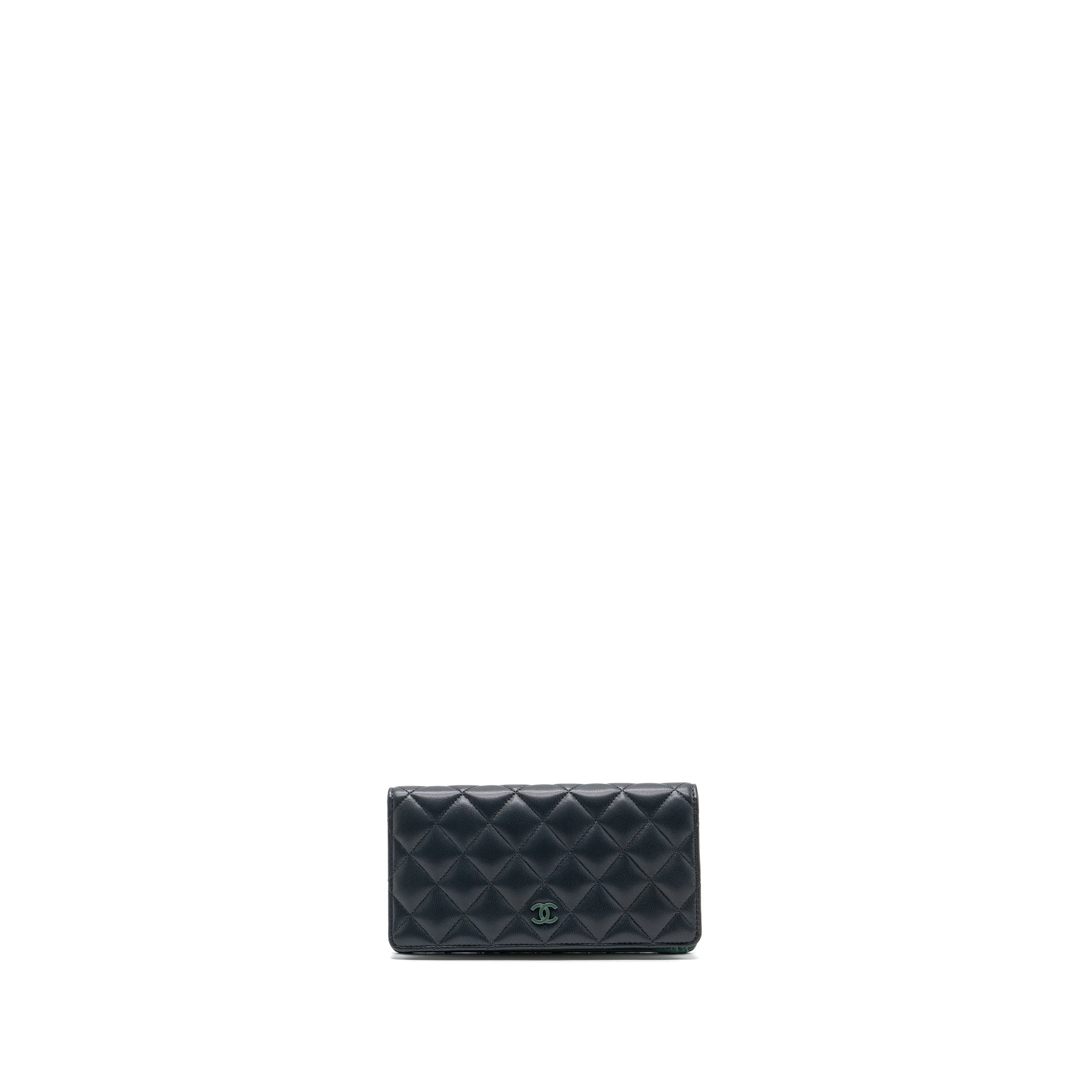 CHANEL LONG WALLET LAMBSKIN DARK GREY/GREEN IN GREEN HARDWARE