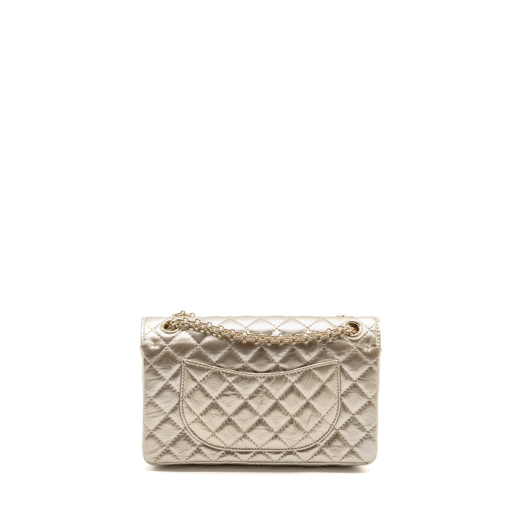 CHANEL SMALL 2.55 REISSUE DOUBLE FLAP BAG AGED CALFSKIN METALLIC LIGHT GOLD WITH LGHW