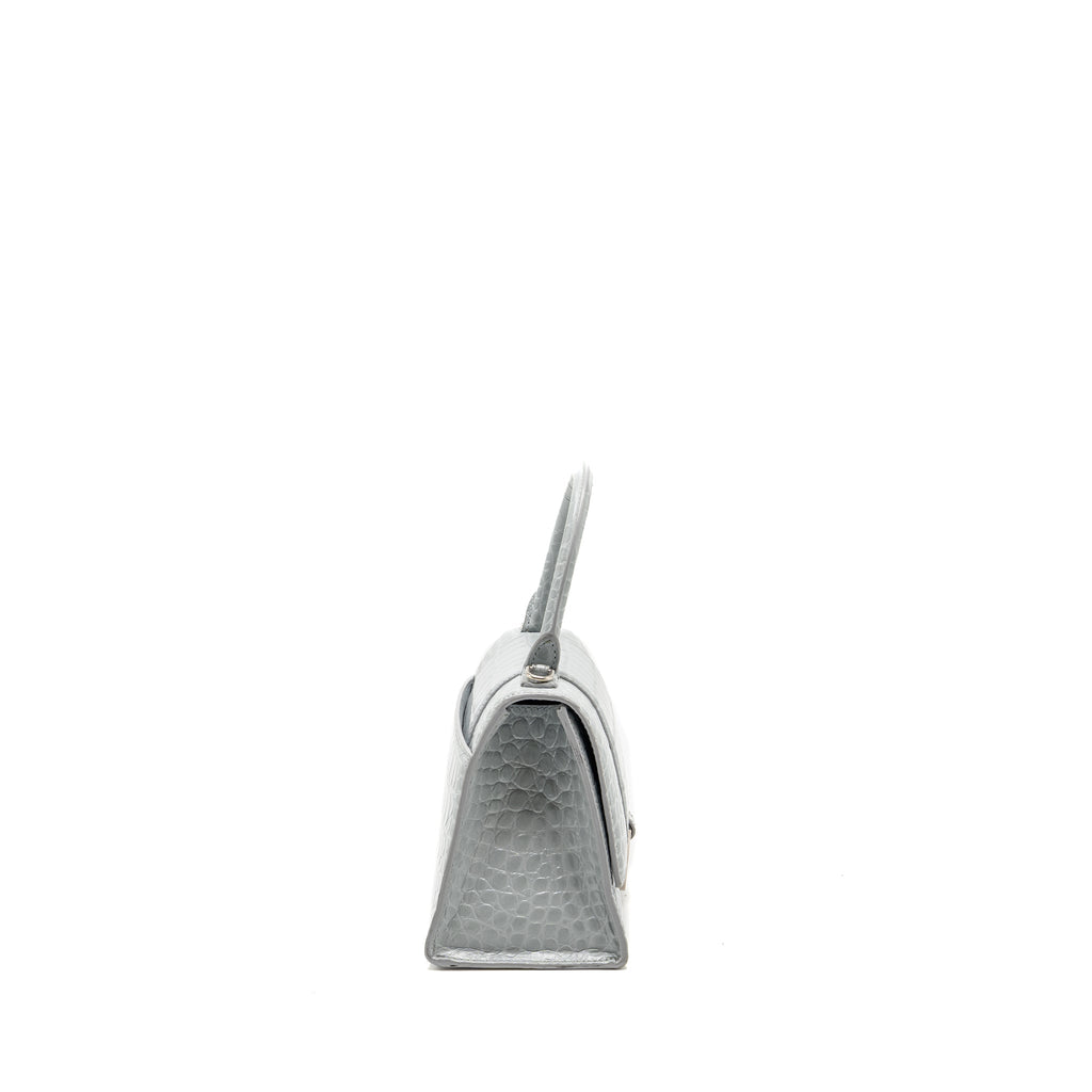BALENCIAGA SMALL HOURGLASS BAG CROC-EMBOSSED CALFSKIN GREY SHW