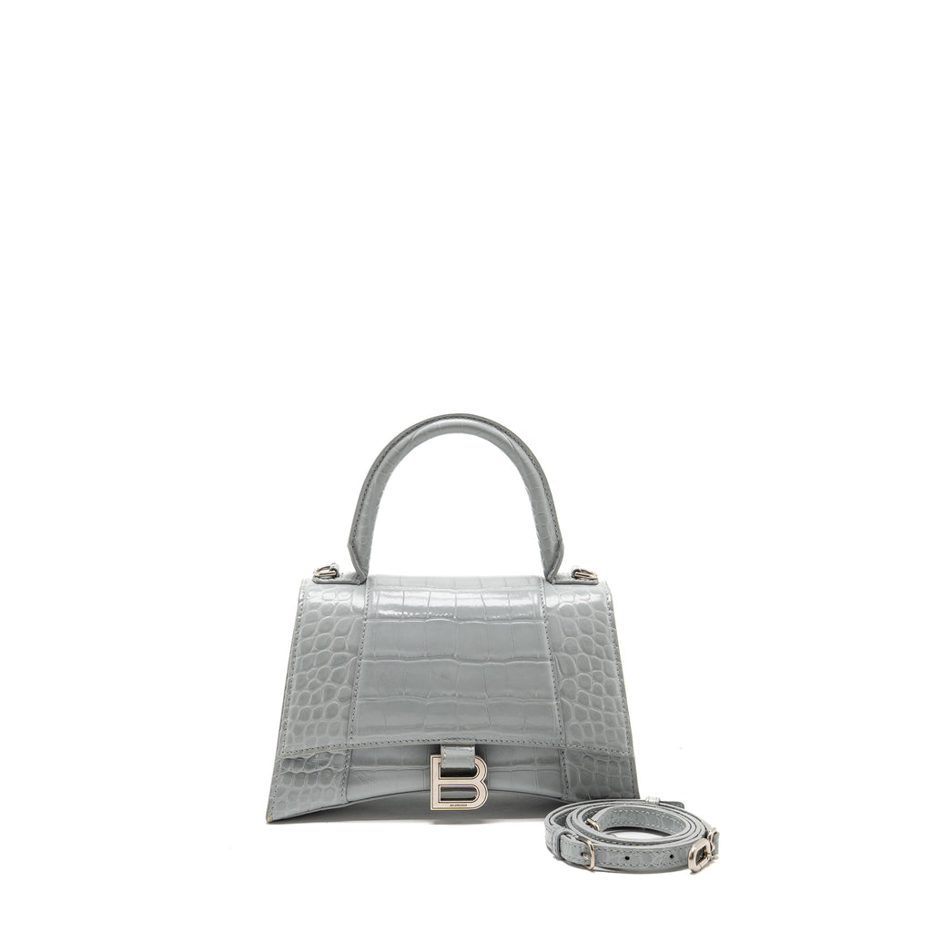BALENCIAGA SMALL HOURGLASS BAG CROC-EMBOSSED CALFSKIN GREY SHW