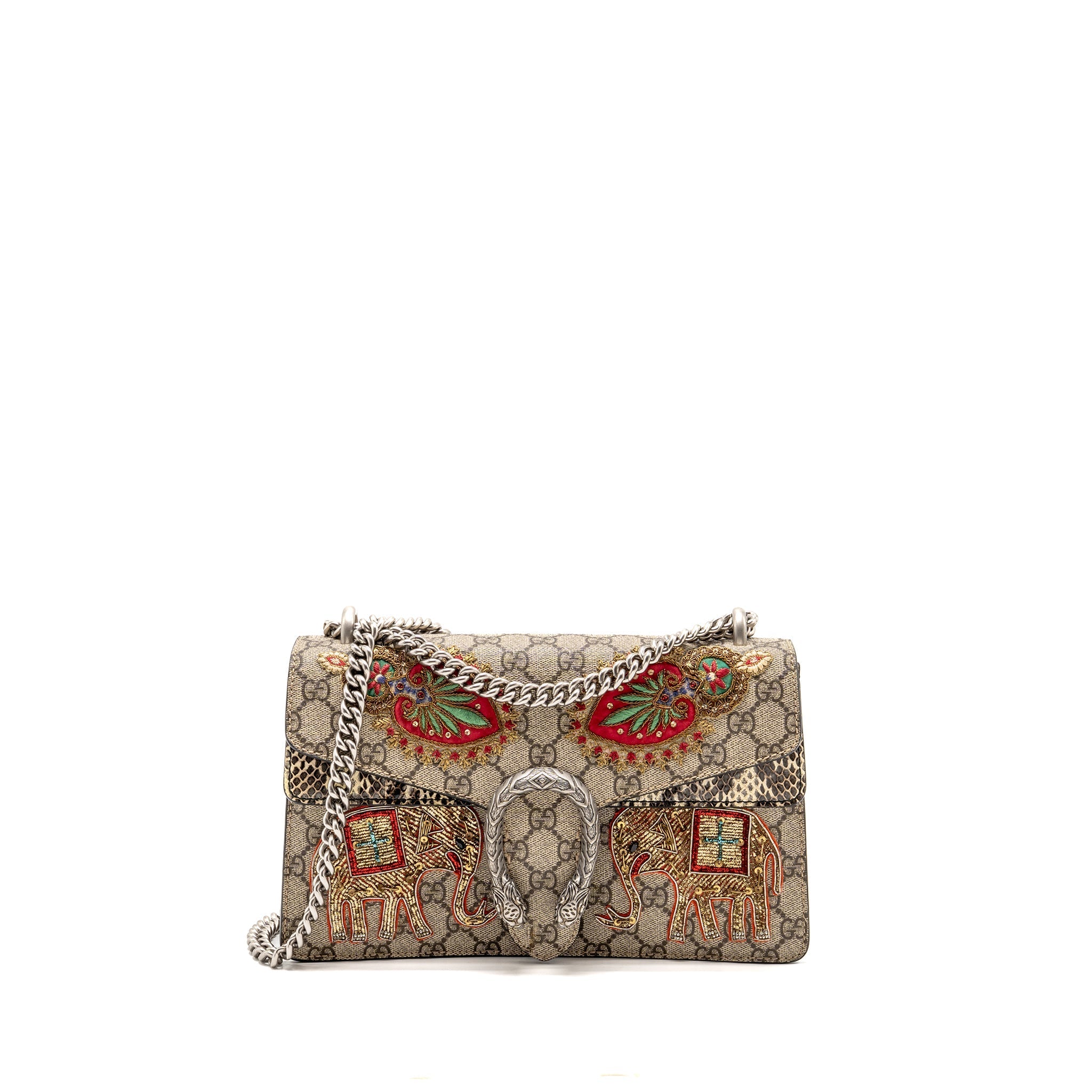 GUCCI SMALL ELEPHANT EMBROIDERED DIONYSUS SHOULDER BAG GG SUPREME CANVAS/LEATHER BEIGE/MULTICOLOUR SHW