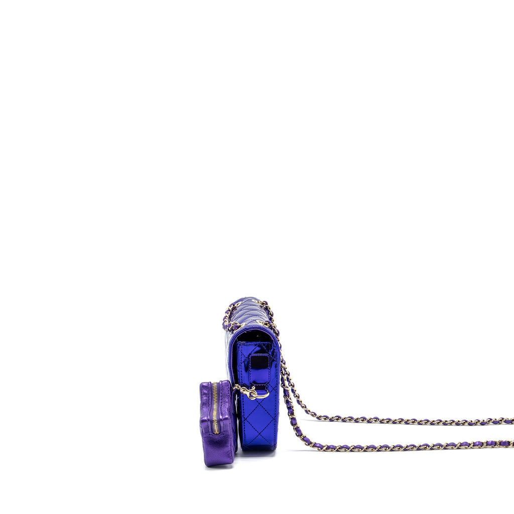 CHANEL 24C MINI FLAP BAG WITH STAR COIN PURSE PATENT/CALFSKIN METALLIC PURPLE LGHW (MICROCHIP)