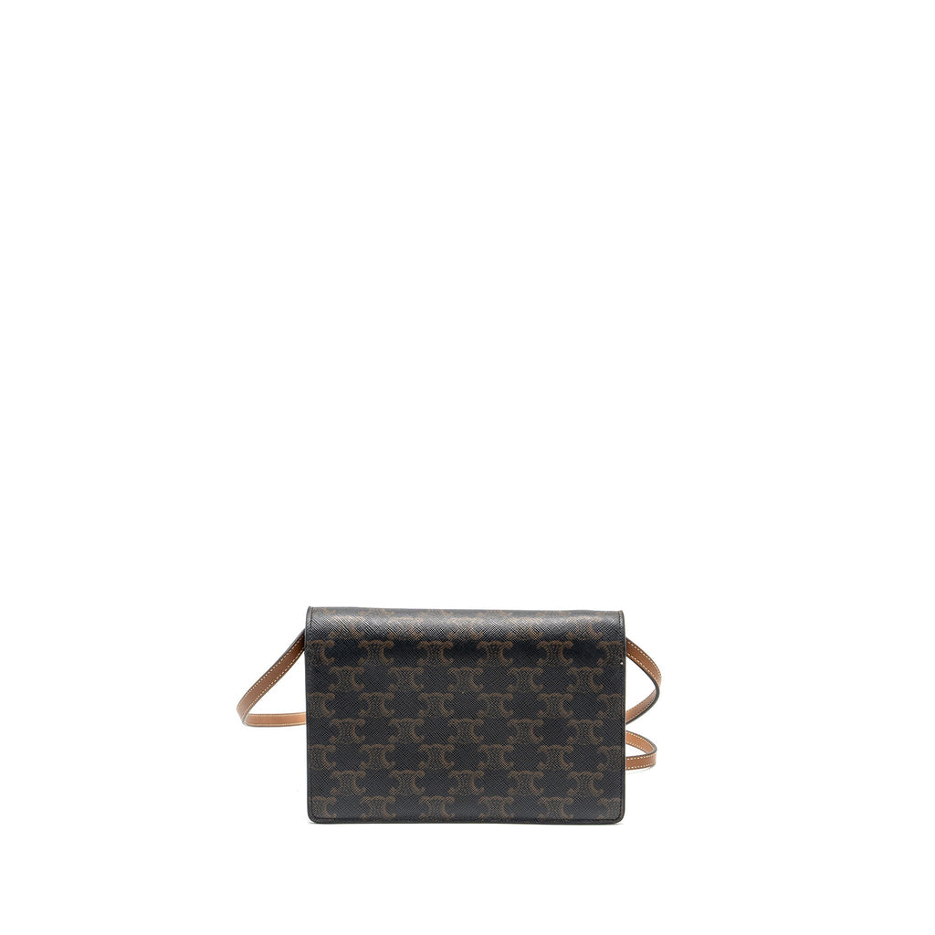 CELINE WALLET ON STRAP TRIOMPHE CANVAS / SMOOTH LAMBSKIN TAN GHW