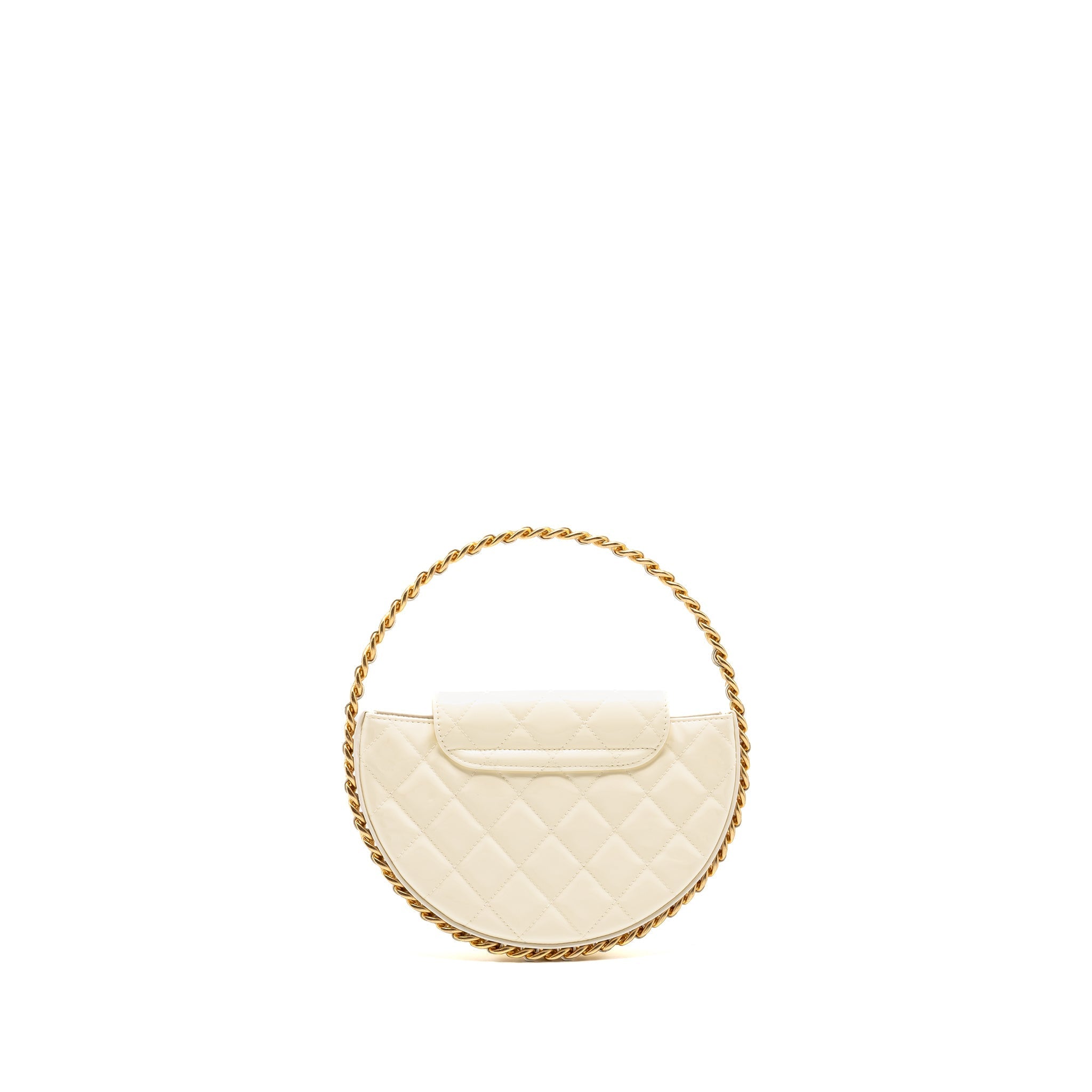 CHANEL ROUND CLUTCH PATENT LEATHER WHITE GHW (MICROCHIP)