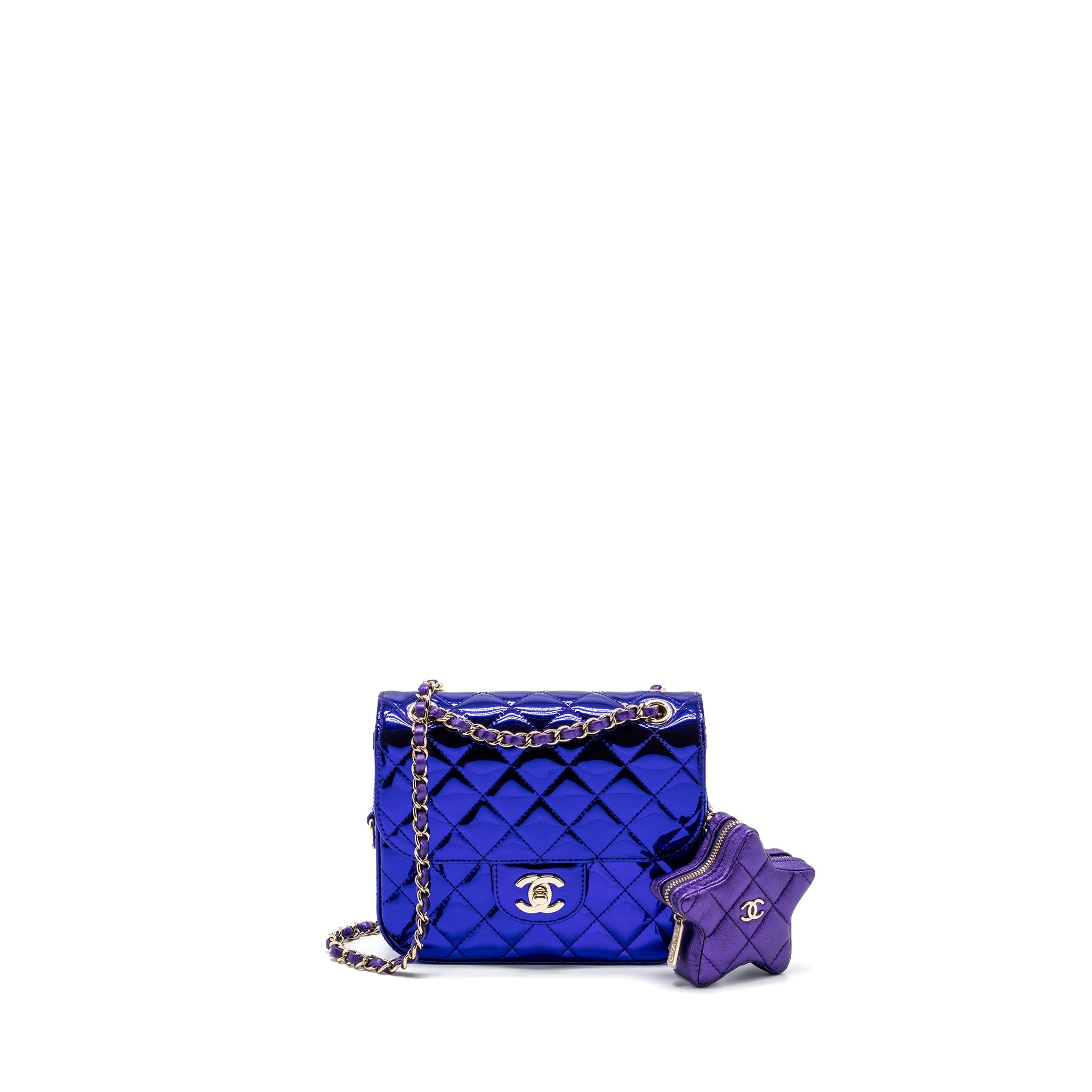 CHANEL 24C MINI FLAP BAG WITH STAR COIN PURSE PATENT/CALFSKIN METALLIC PURPLE LGHW (MICROCHIP)