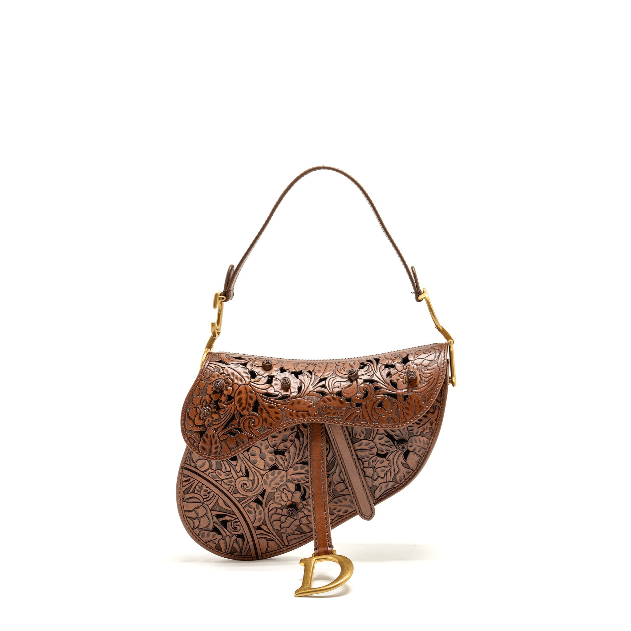 DIOR MEDIUM SADDLE BAG LASER-CUT FLORAL CALFSKIN BROWN GHW