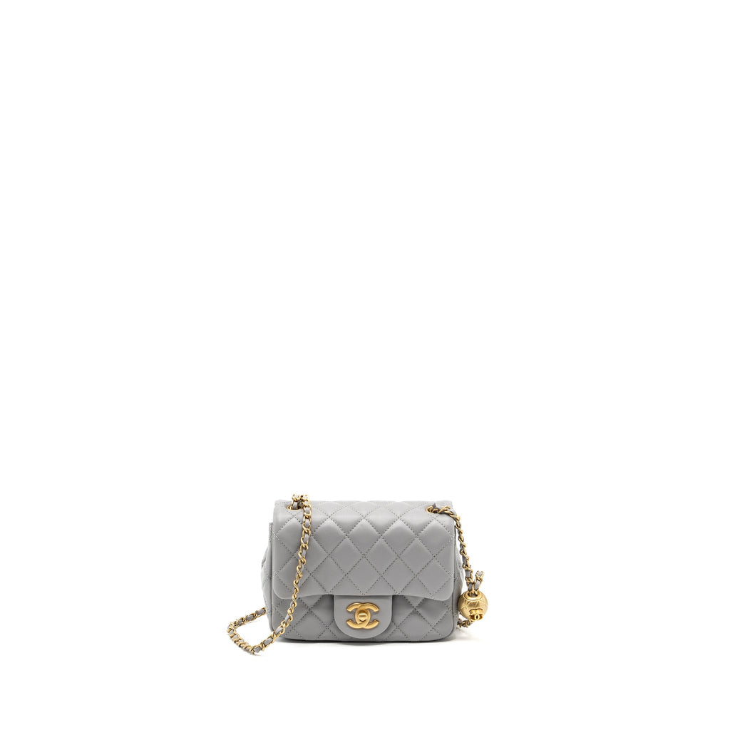 CHANEL PEARL CRUSH MINI SQUARE FLAP BAG LAMBSKIN LIGHT GREY GHW(MICROCHIP)