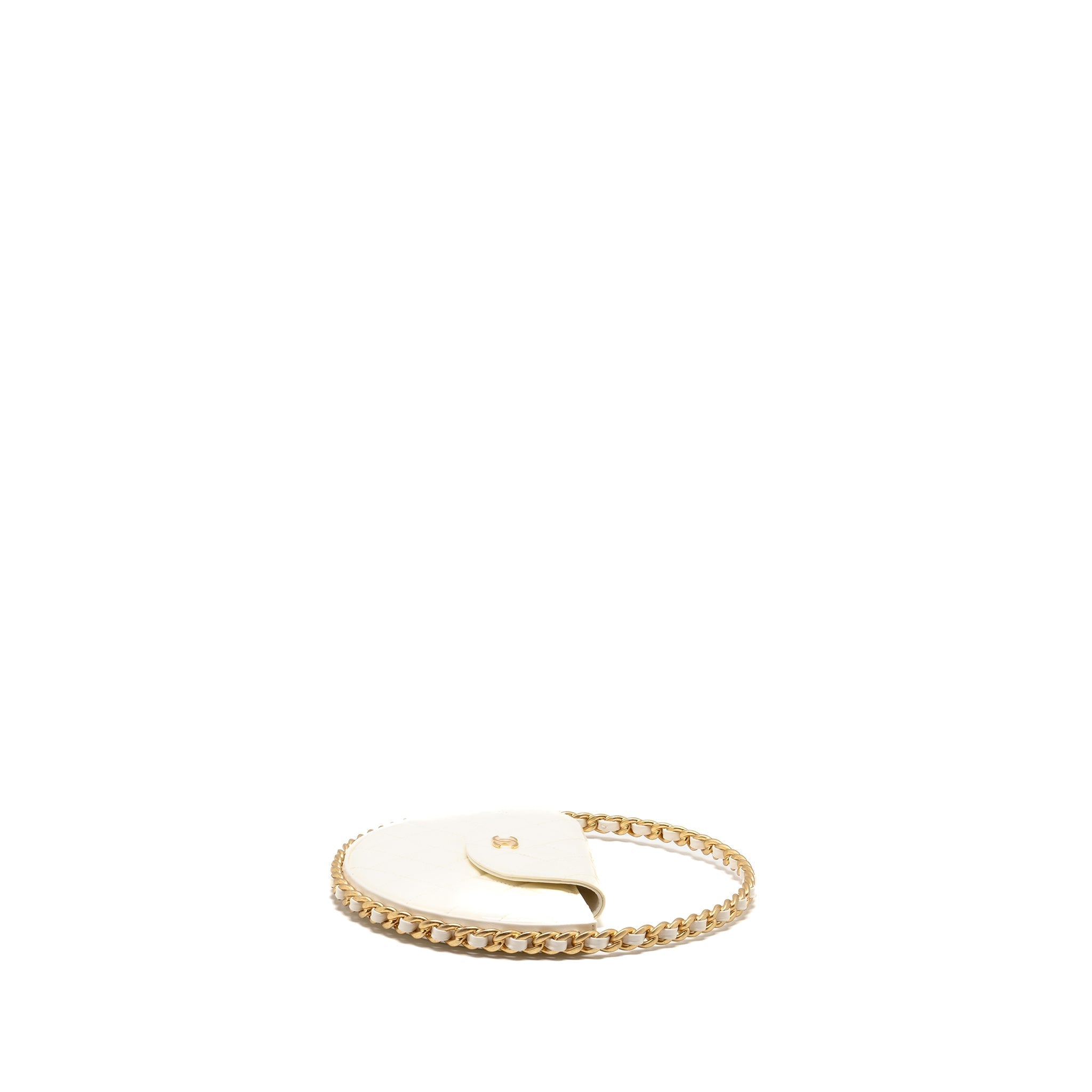 CHANEL ROUND CLUTCH PATENT LEATHER WHITE GHW (MICROCHIP)