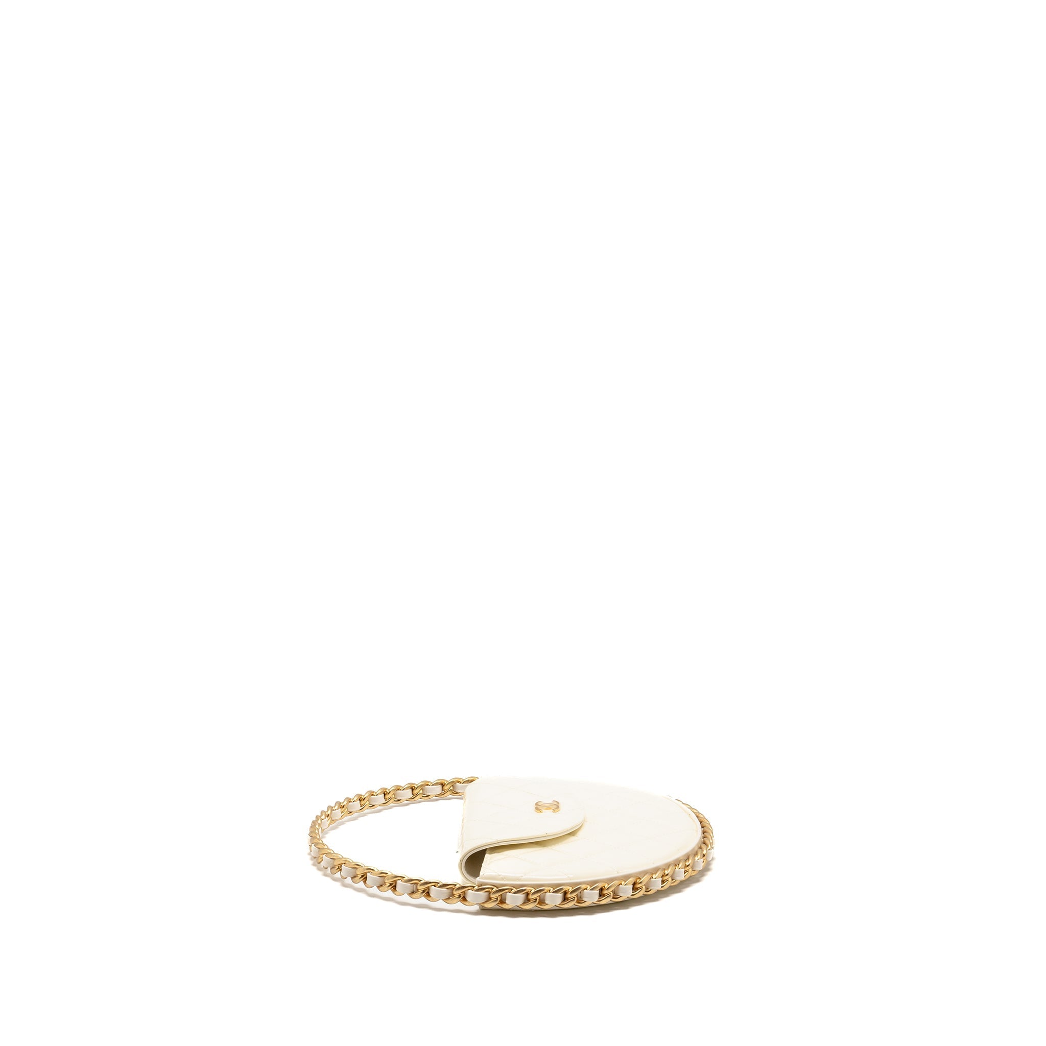 CHANEL ROUND CLUTCH PATENT LEATHER WHITE GHW (MICROCHIP)