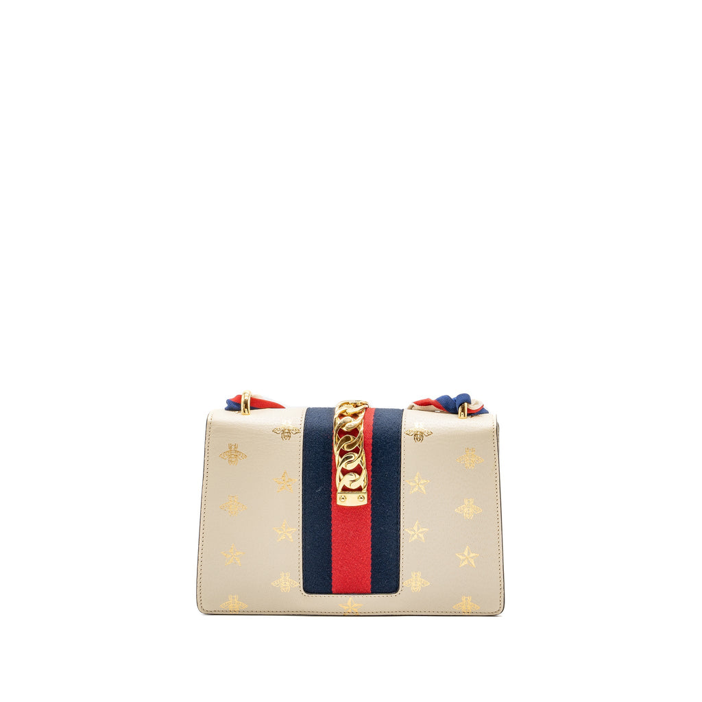 GUCCI SMALL SYLVIA BAG BEE AND STAR PRINTED CALFSKIN WHITE GHW