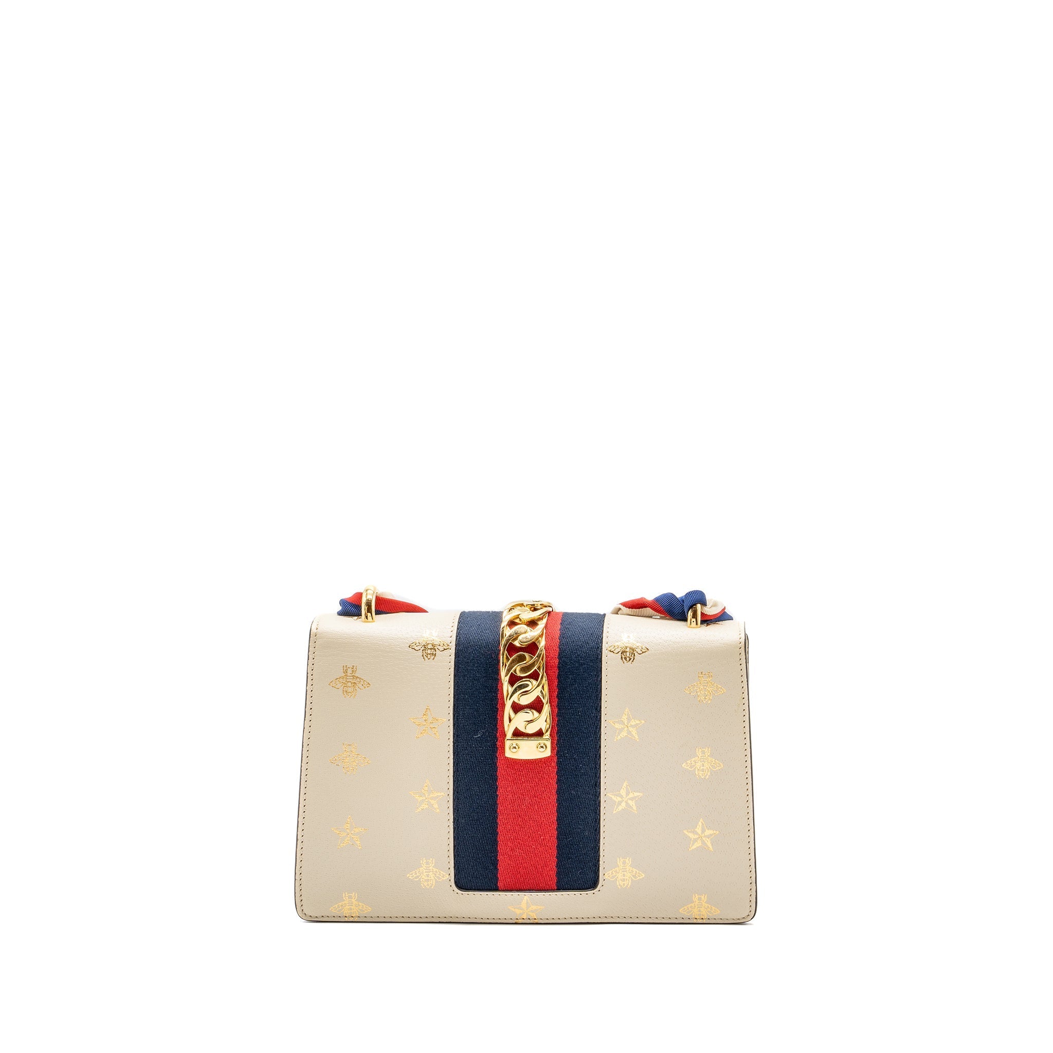 GUCCI SMALL SYLVIA BAG BEE AND STAR PRINTED CALFSKIN WHITE GHW