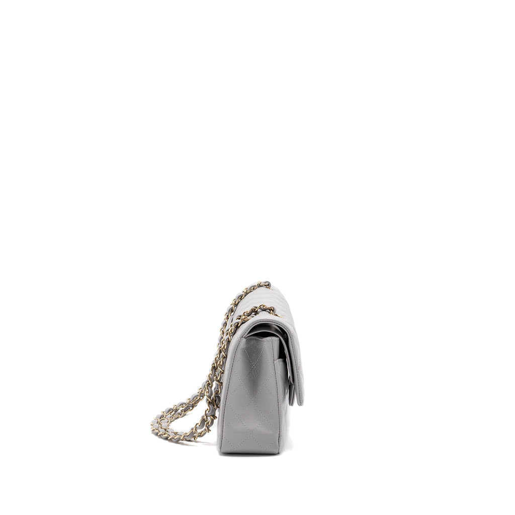 CHANEL CLASSIC MEDIUM DOUBLE FLAP BAG CAVIAR LIGHT GREY LGHW (MICROCHIP)