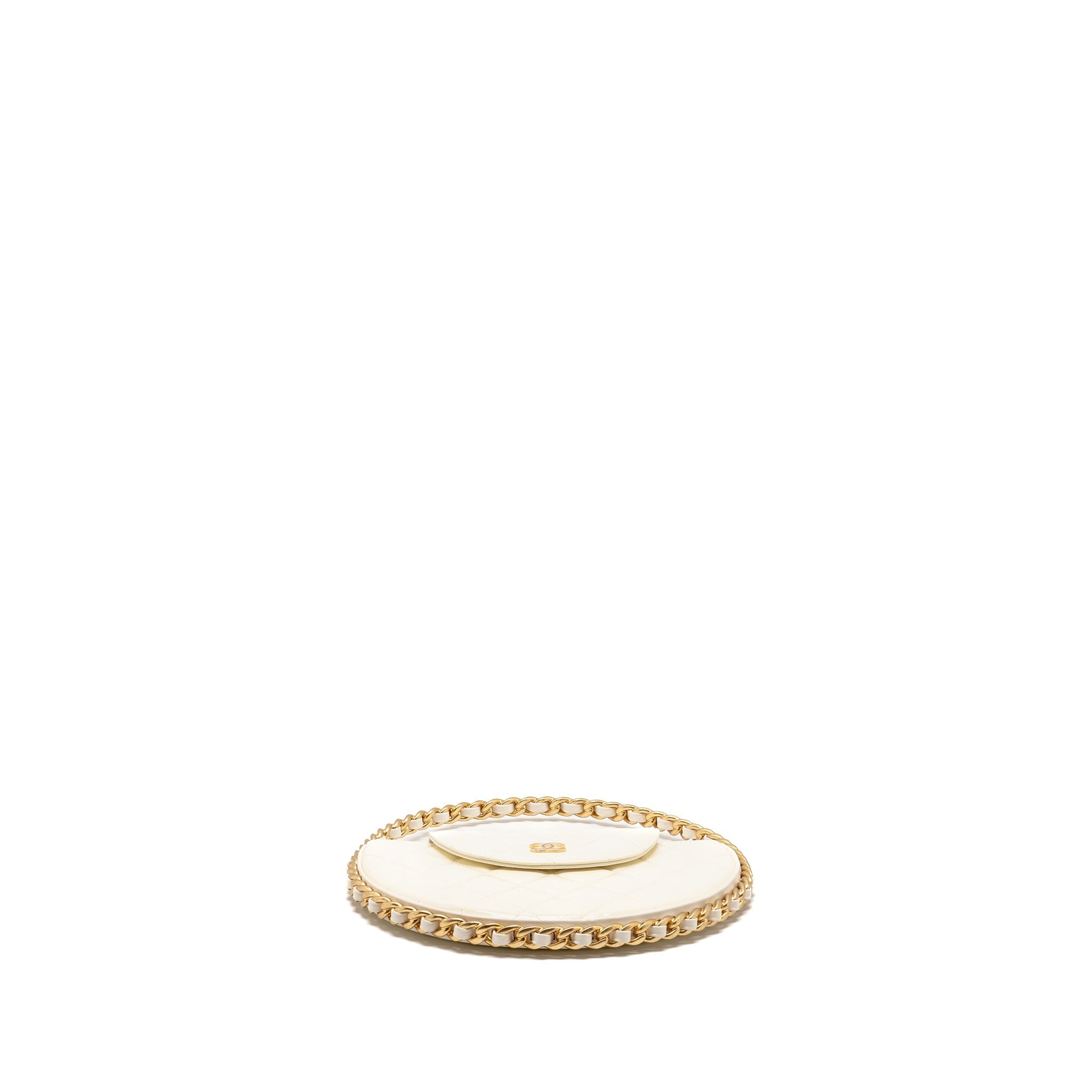 CHANEL ROUND CLUTCH PATENT LEATHER WHITE GHW (MICROCHIP)
