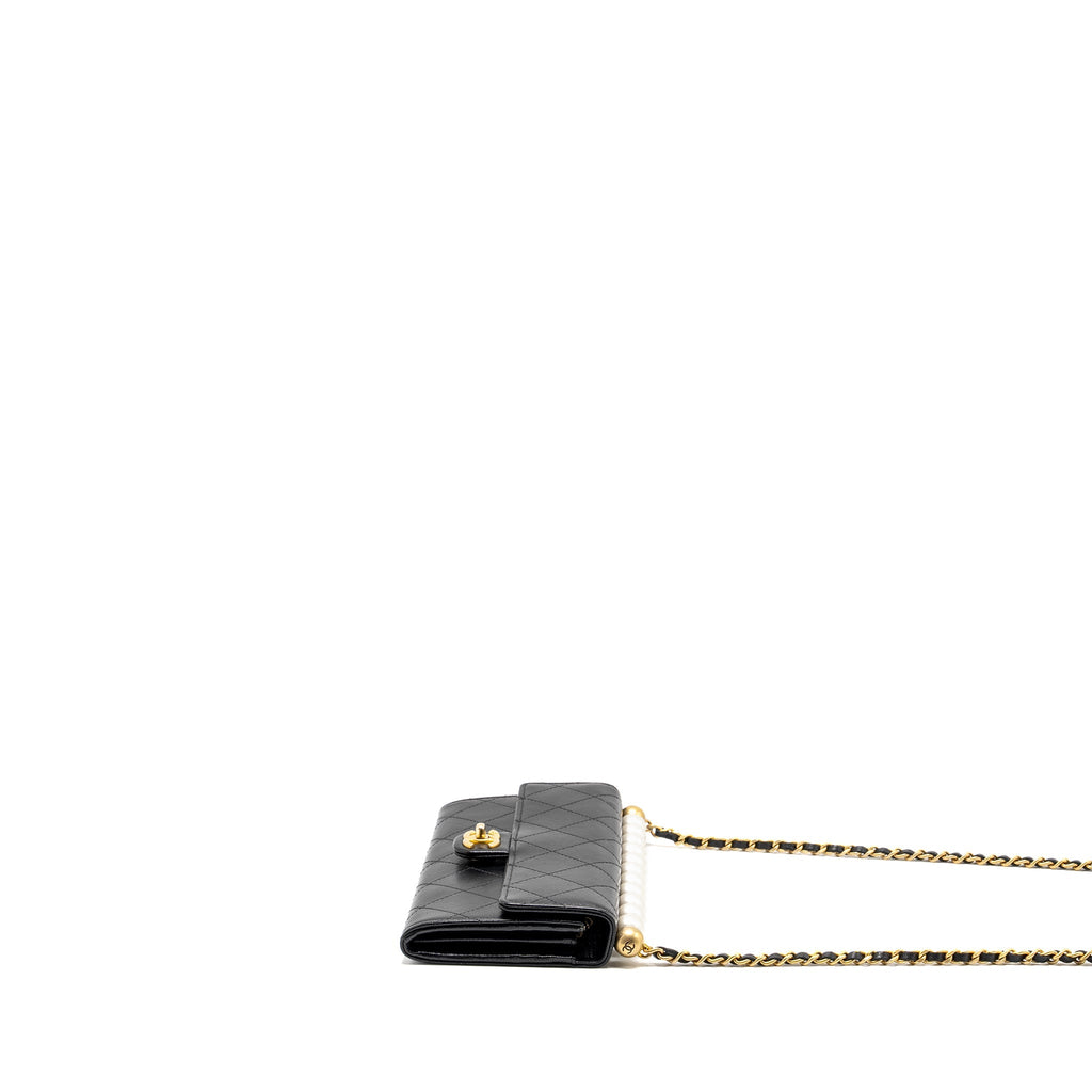 CHANEL QUILTED PEARL LONG WALLET ON CHAIN GOATSKIN BLACK GHW