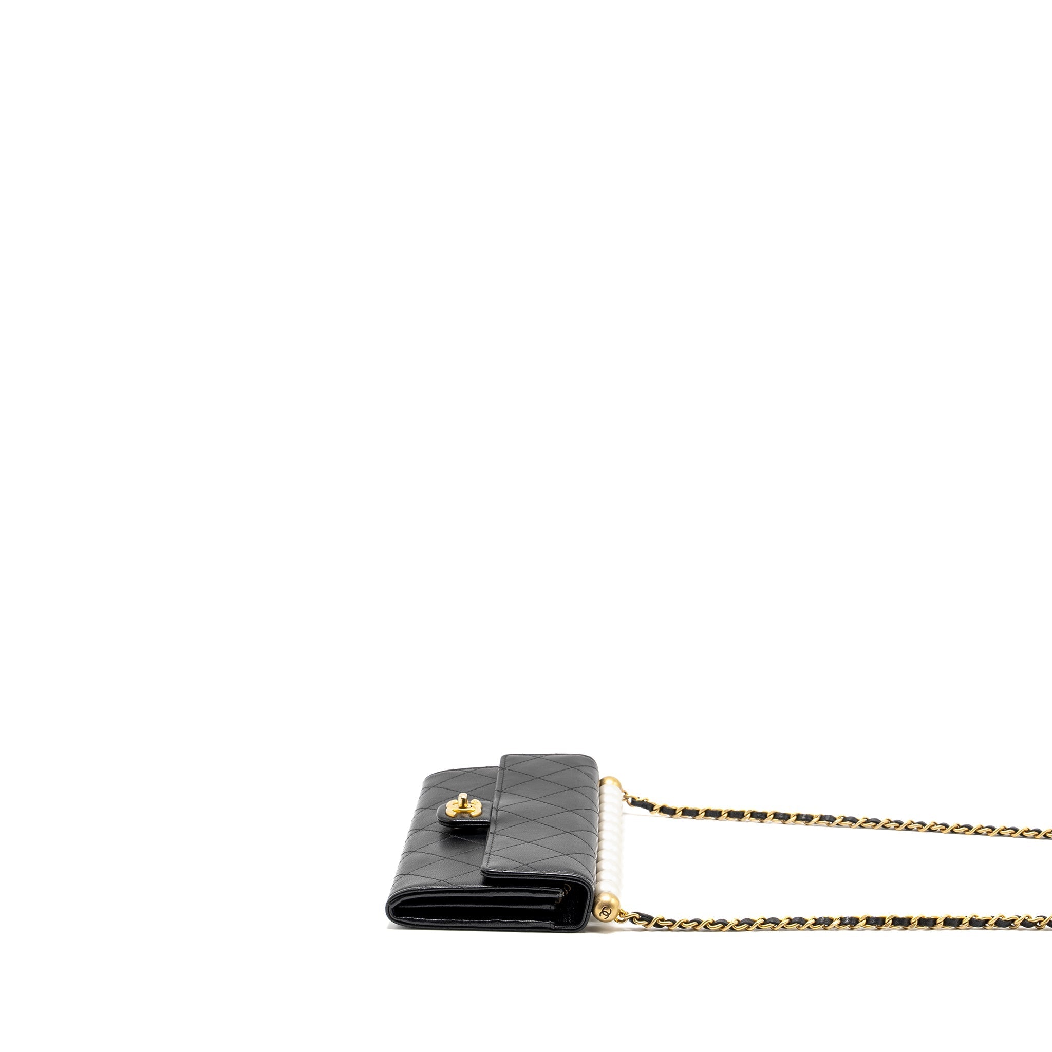 CHANEL QUILTED PEARL LONG WALLET ON CHAIN GOATSKIN BLACK GHW
