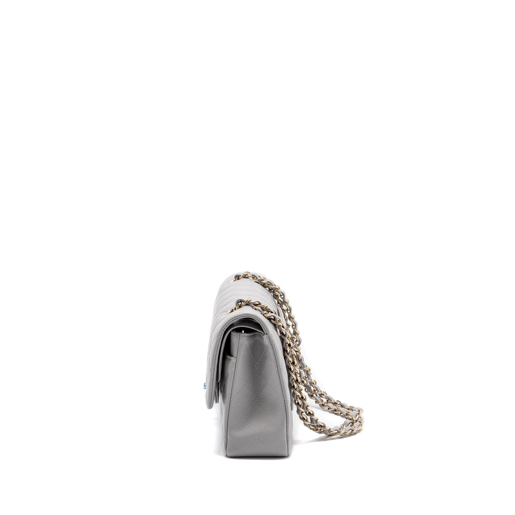 CHANEL CLASSIC MEDIUM DOUBLE FLAP BAG CAVIAR LIGHT GREY LGHW (MICROCHIP)