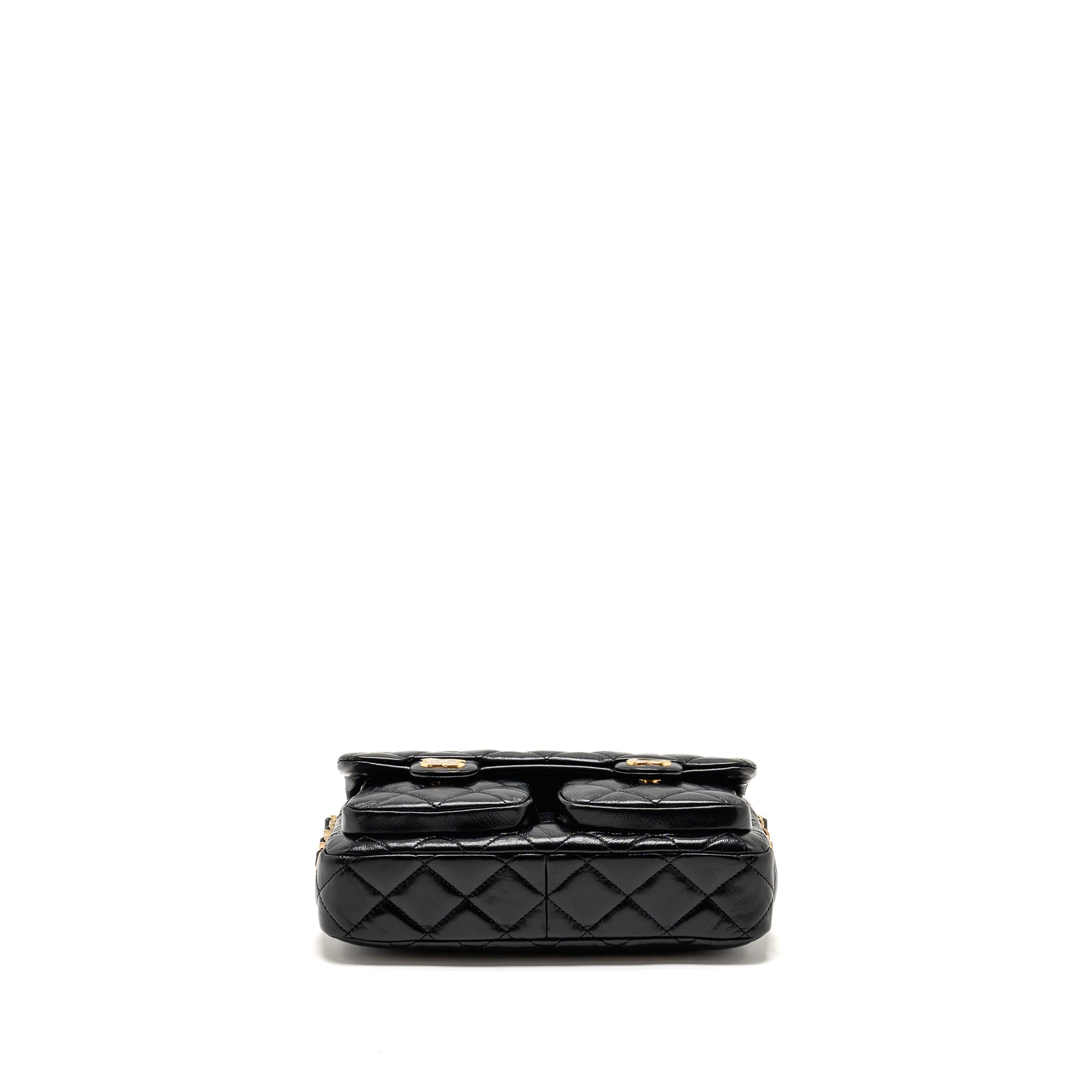 CHANEL DOUBLE POCKET TOP HANDLE MESSANGER BAG SHINY CALFSKIN BLACK GHW (MICROCHIP)