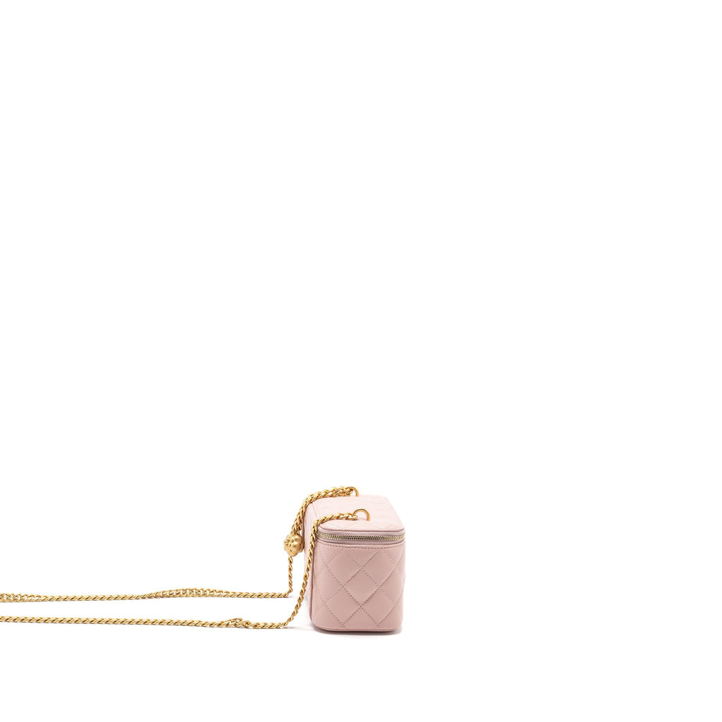 CHANEL LONG VANITY CASE CAMELLIA CHAIN LAMBSKIN  LIGHT PINK GHW (MICROCHIP)