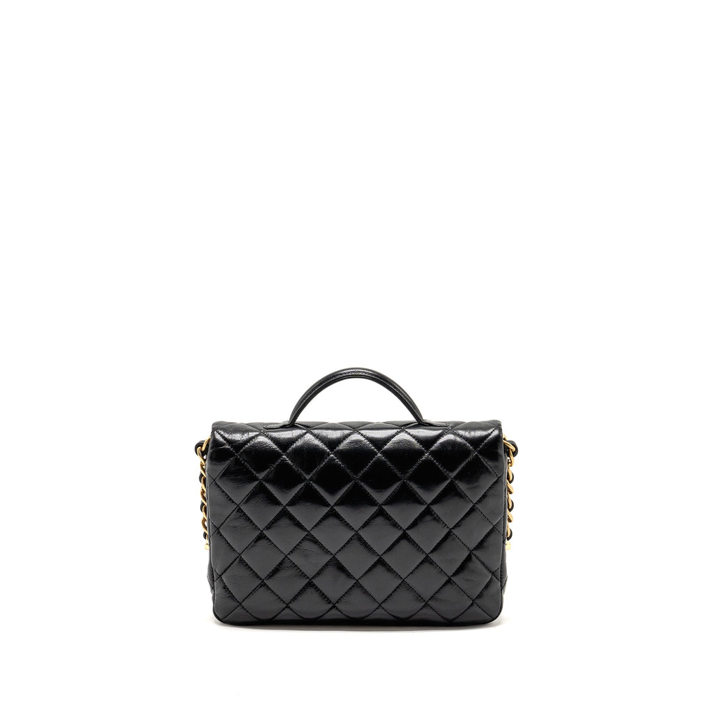 CHANEL DOUBLE POCKET TOP HANDLE MESSANGER BAG SHINY CALFSKIN BLACK GHW (MICROCHIP)