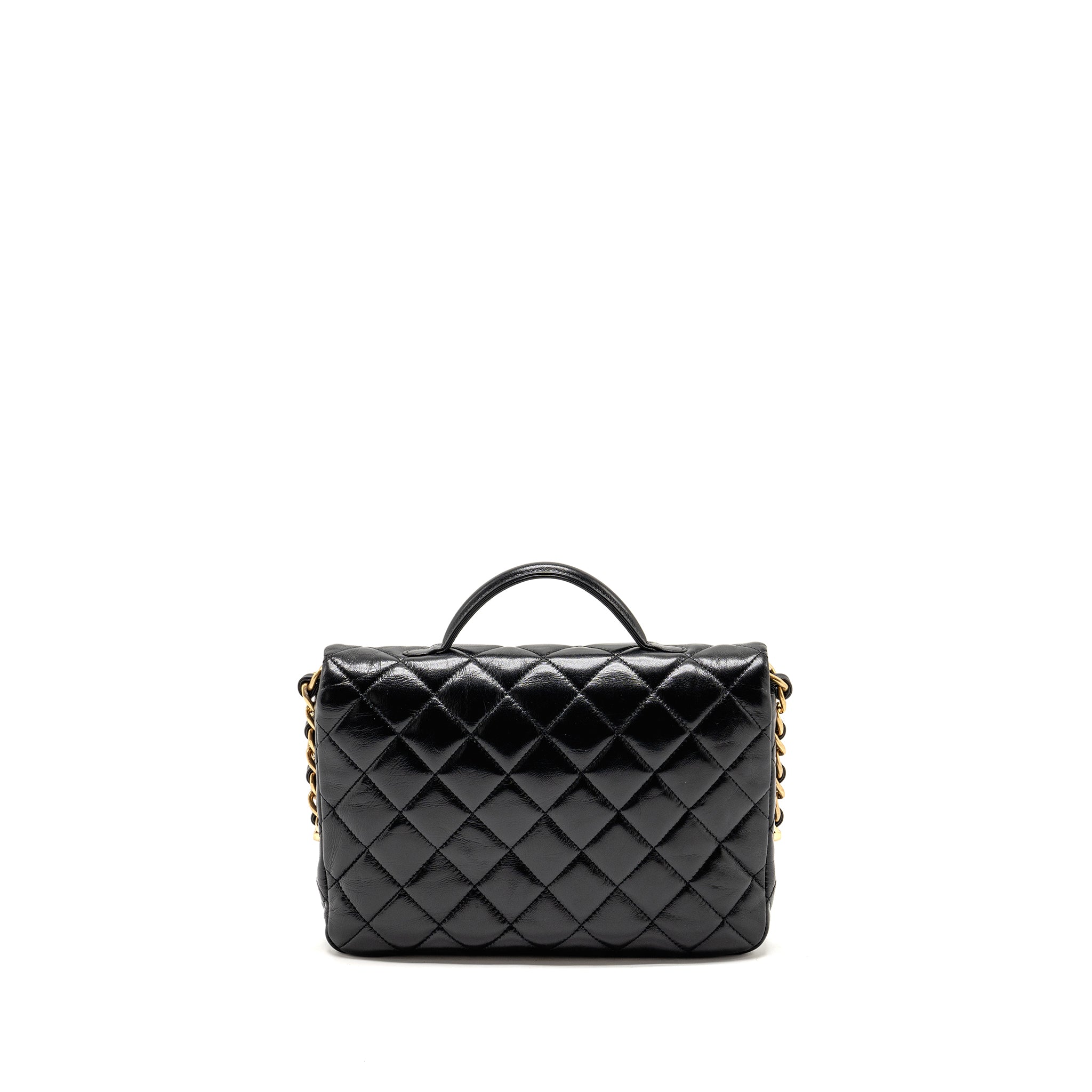 CHANEL DOUBLE POCKET TOP HANDLE MESSANGER BAG SHINY CALFSKIN BLACK GHW (MICROCHIP)
