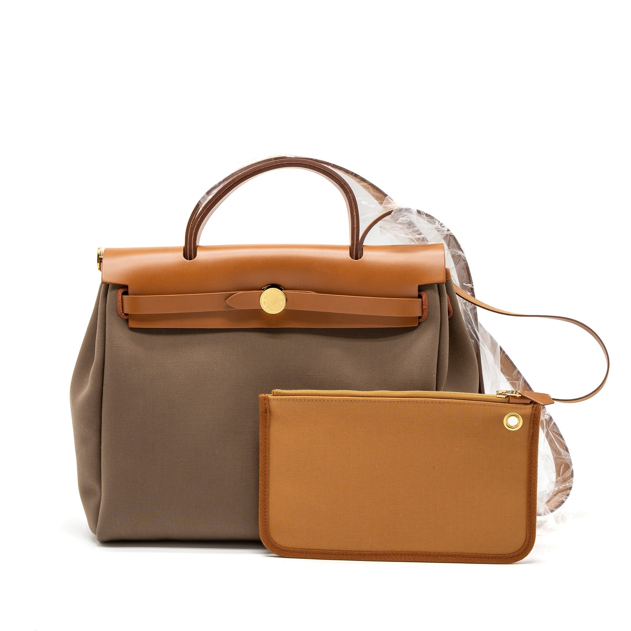 HERMES HERBAG 31 ZIP BAG CANVAS/VACHE HUNTER ETOUPE-DUNE/FAUVE GHW