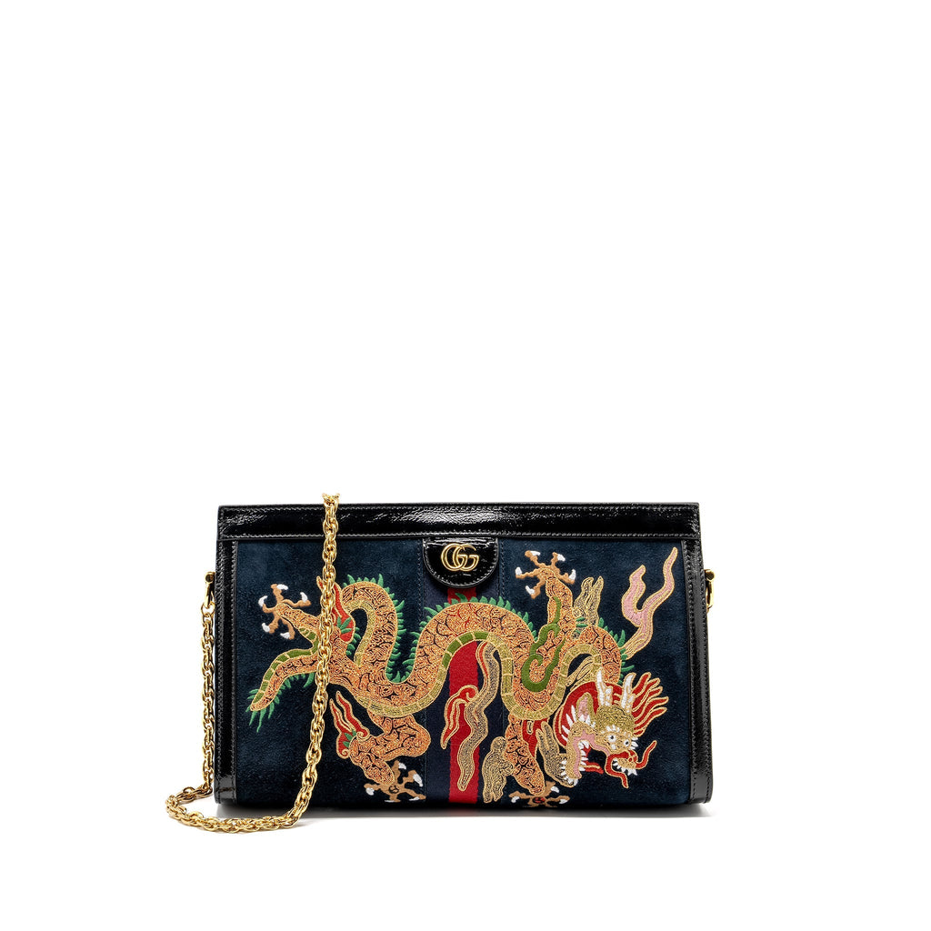 GUCCI OPHIDIA CHAIN BAG DRAGON EMBROIDERED SUEDE BLUE/BLACK/MULTICOLOUR GHW