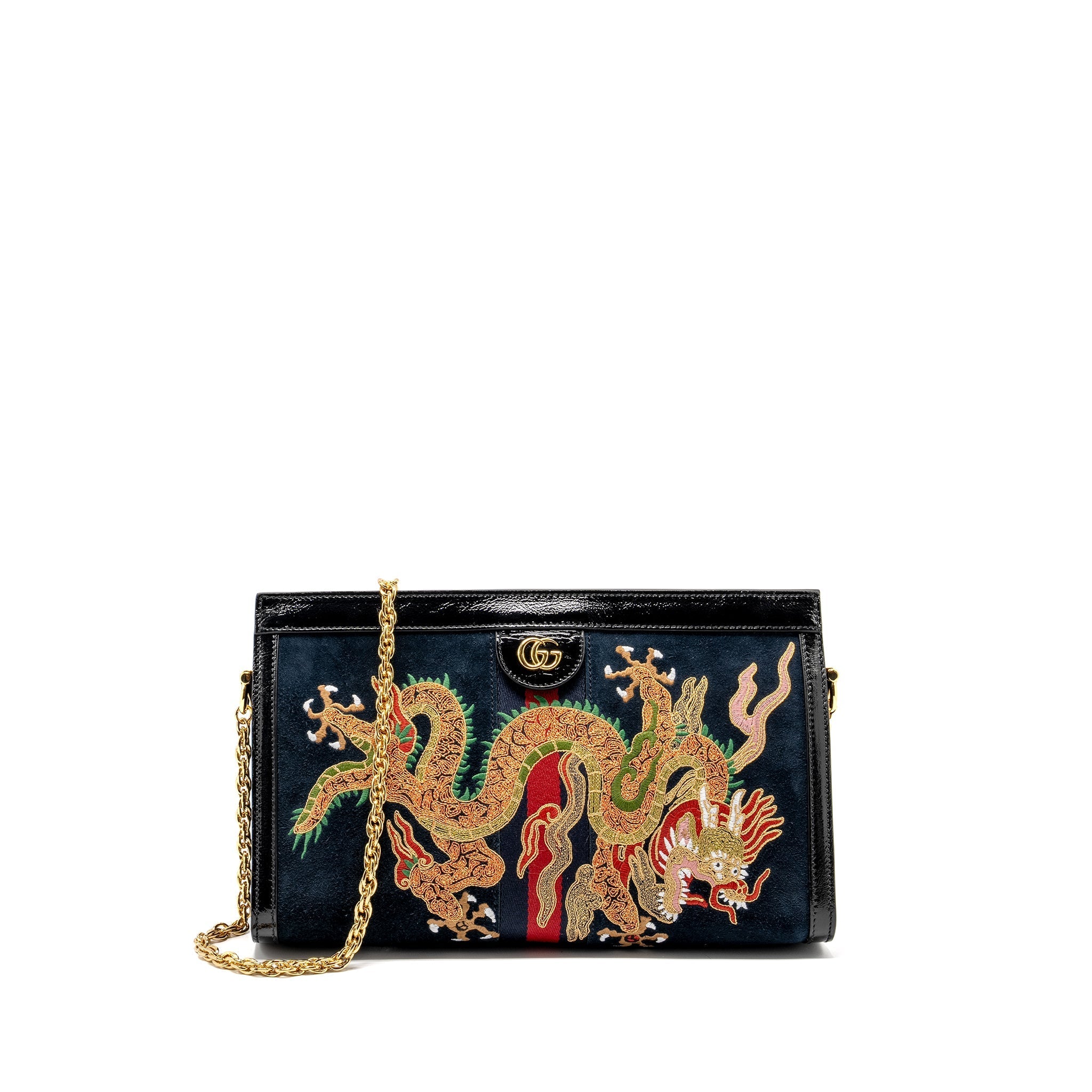 GUCCI OPHIDIA CHAIN BAG DRAGON EMBROIDERED SUEDE BLUE/BLACK/MULTICOLOUR GHW