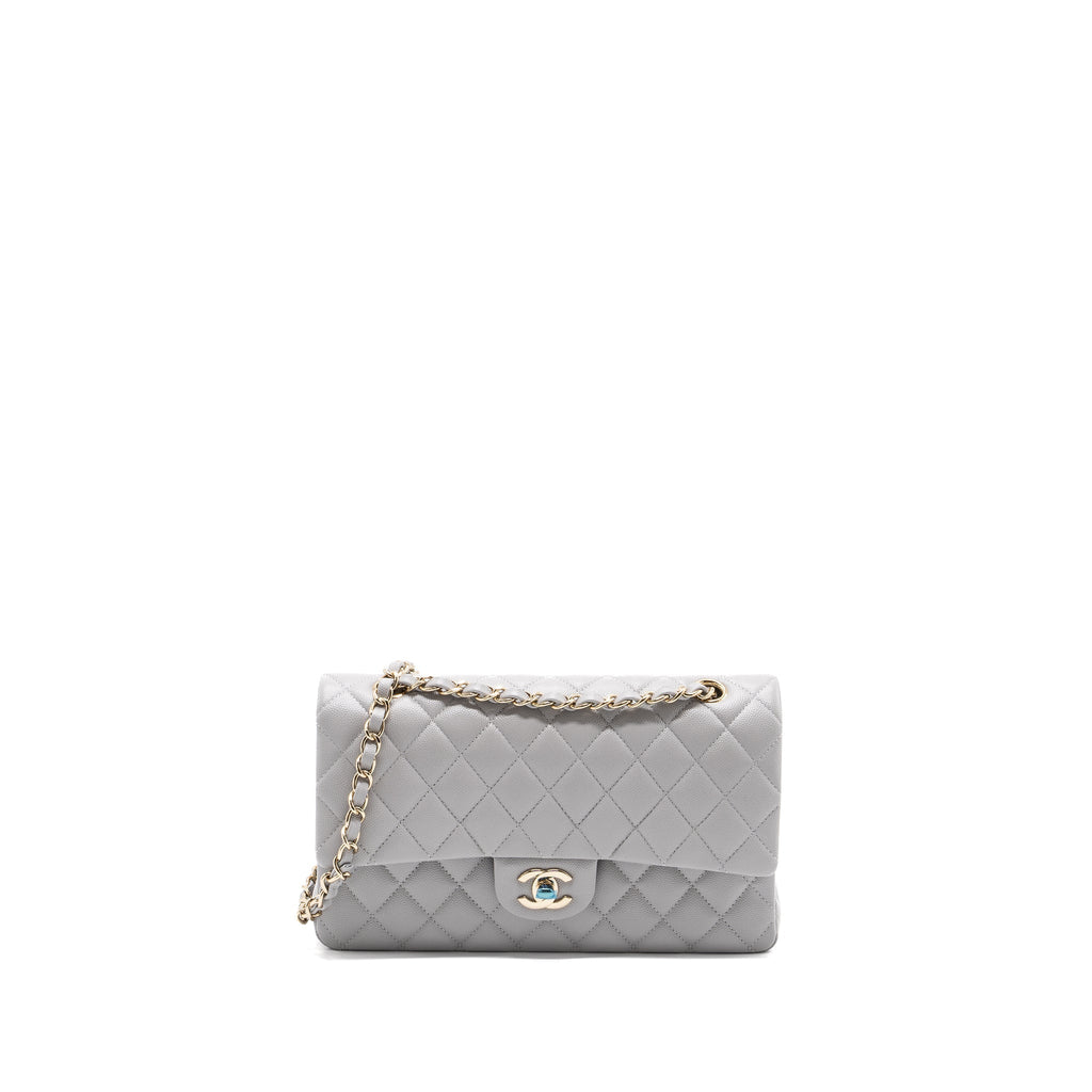 CHANEL CLASSIC MEDIUM DOUBLE FLAP BAG CAVIAR LIGHT GREY LGHW (MICROCHIP)