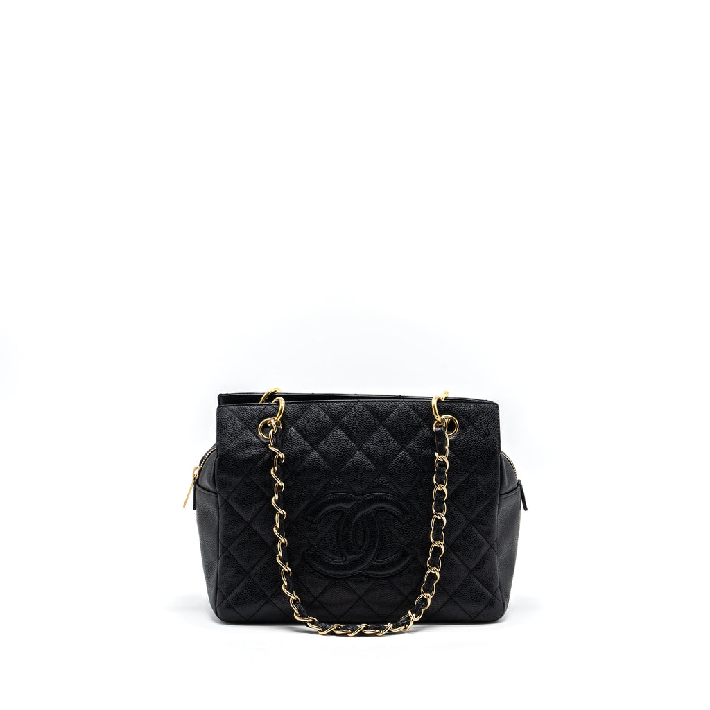 CHANEL CC LOGO SMALL SHOPPING TOTE BAG CAVIAR BLACK GHW