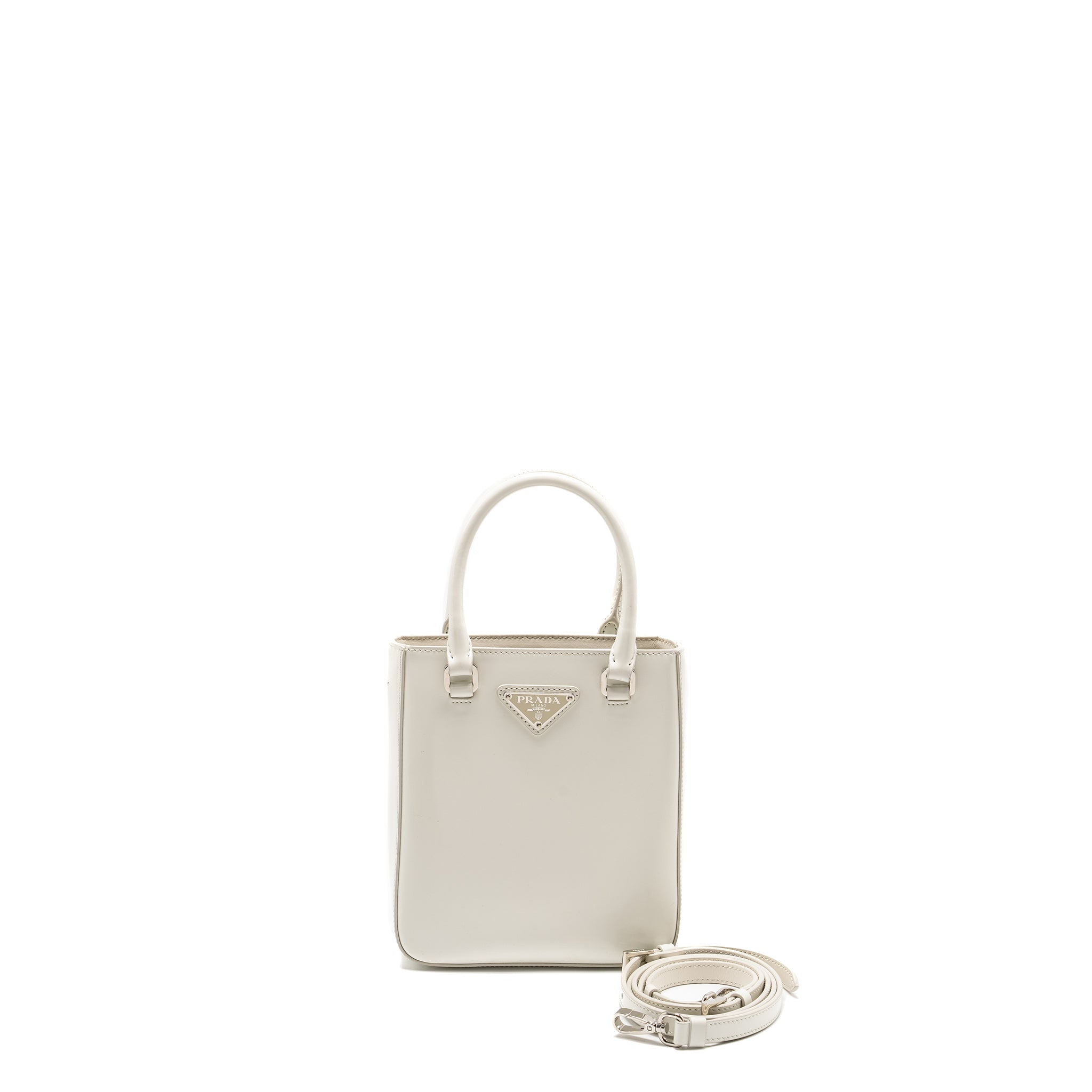 PRADA SMALL BRUSHED LEATHER TOTE BAG WHITE SHW