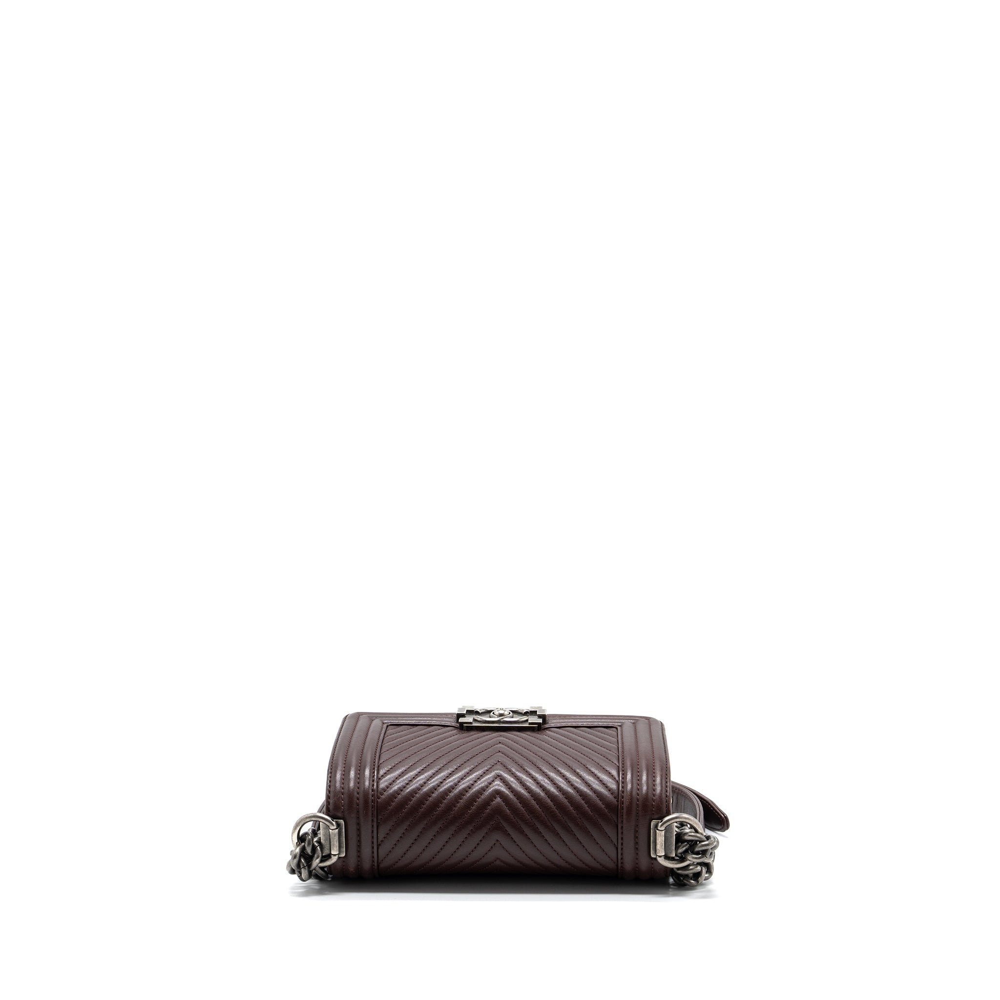 CHANEL CHEVRON SMALL BOY BAG LAMBSKIN BURGUNDY RUTHENIUM HARDWARE