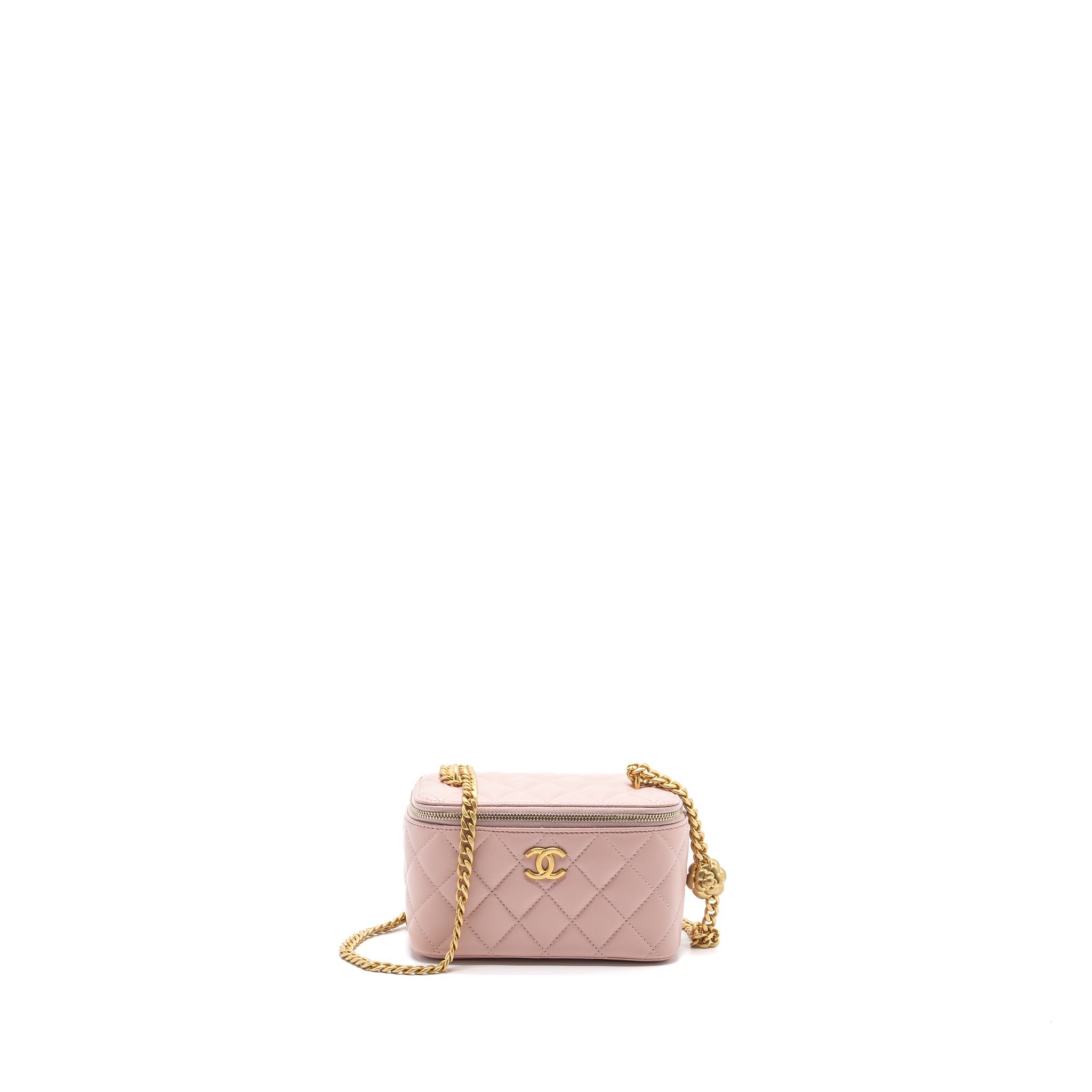 CHANEL LONG VANITY CASE CAMELLIA CHAIN LAMBSKIN  LIGHT PINK GHW (MICROCHIP)
