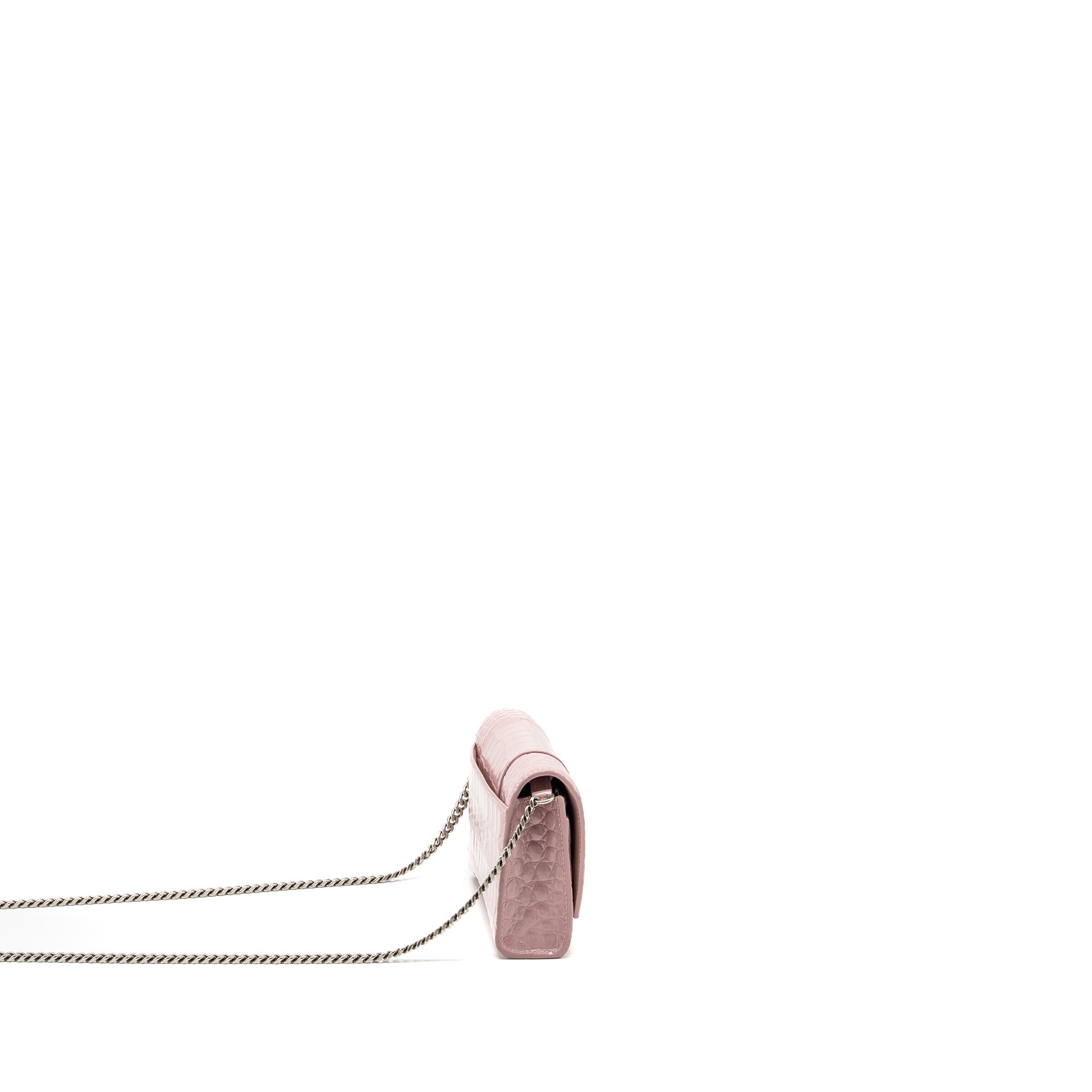 BALENCIAGA HOURGLASS WALLET ON CHAIN CROC-EMBOSSED CALFSKIN PINK SHW
