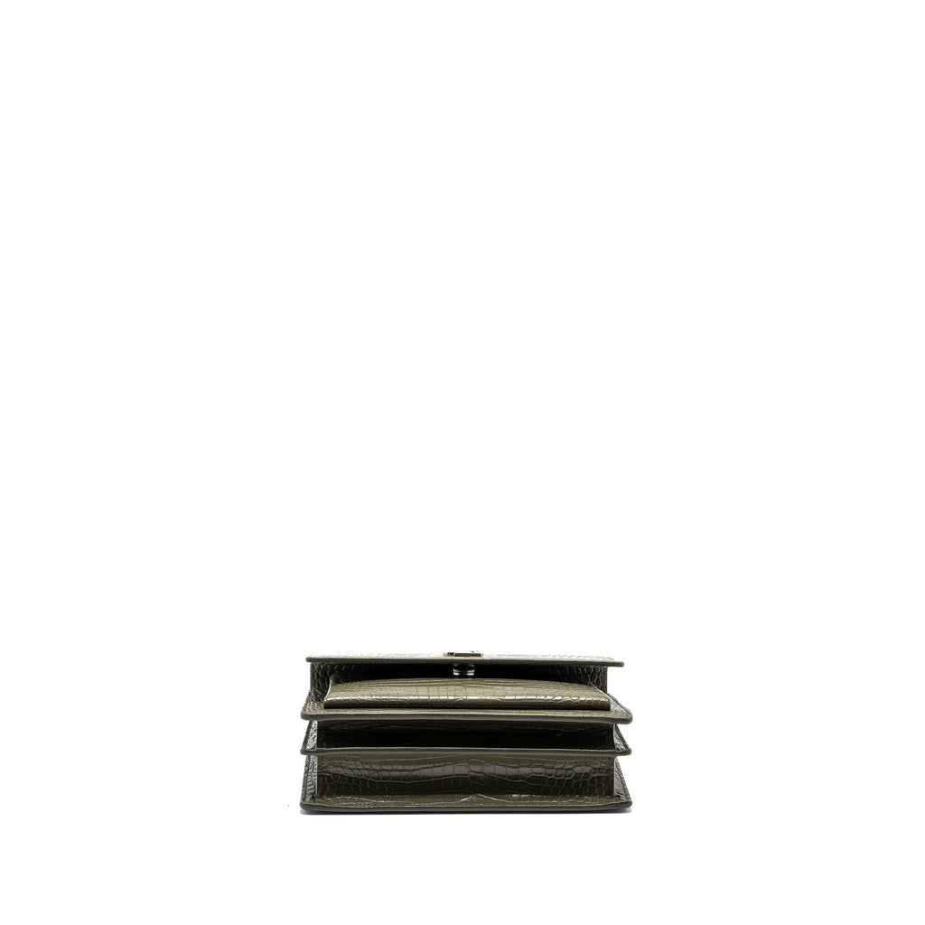 SAINT LAURENT/YSL SUNSET BAG CROC-EMBOSSED CALFSKIN KHAKI SHW
