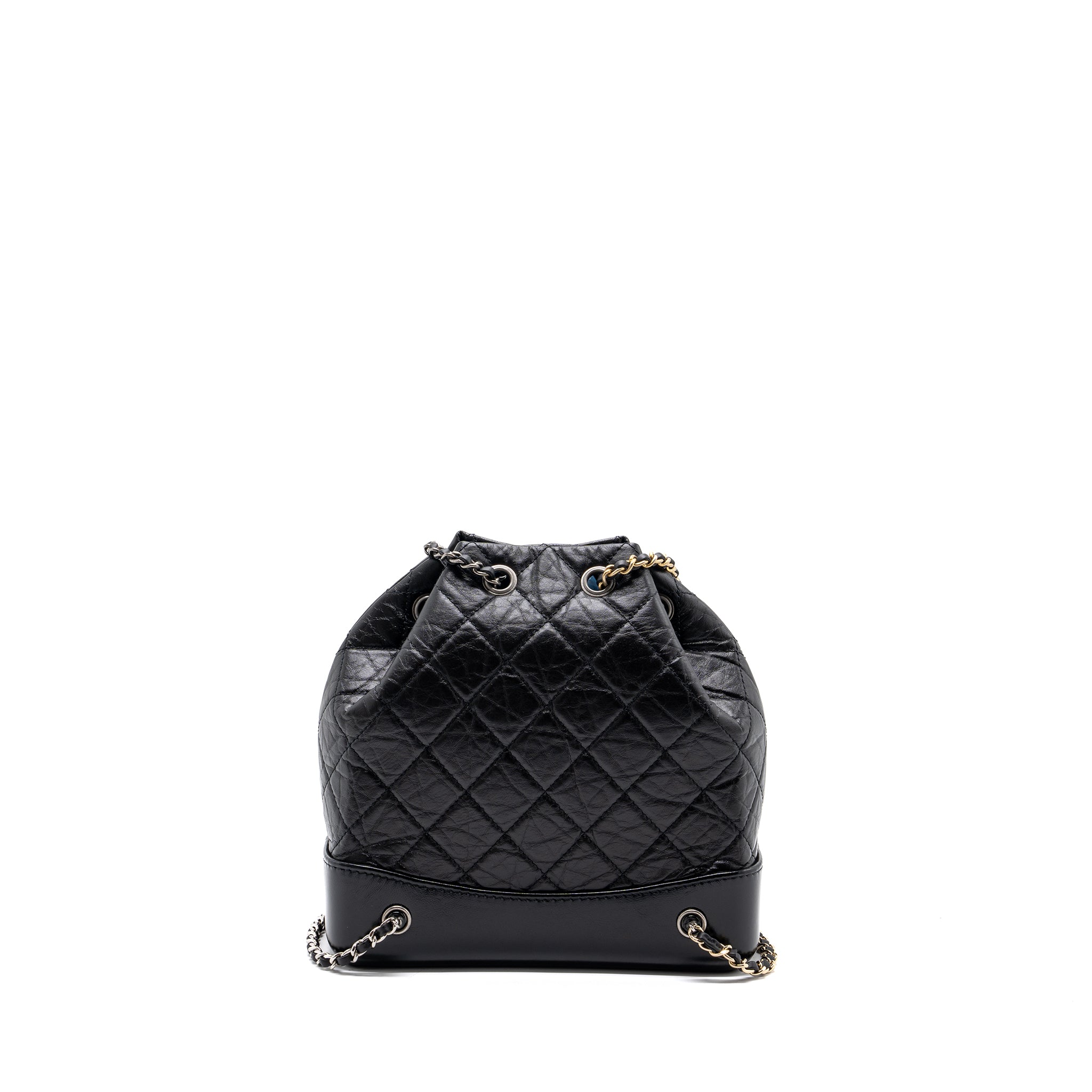CHANEL SMALL GABRIELLE BACKPACK AGED CALFSKIN BLACK RUTHENIUM HARDWARE (MICROCHIP)